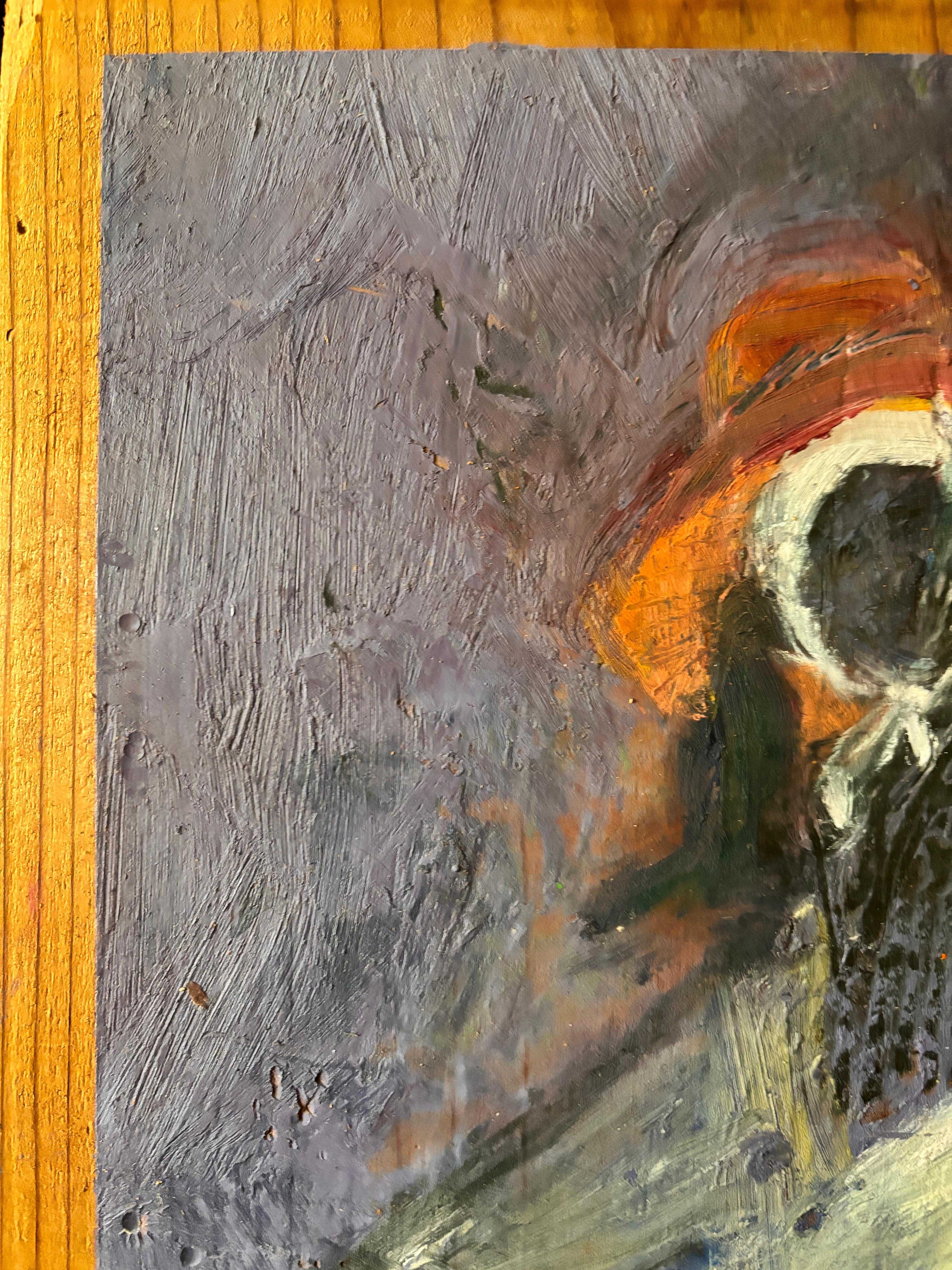 Dressed in a kitchen smock and sunhat this scare crow stands fiercely in the field accompanied by the knock of the bamboo pipe filling and emptying with water to keep the wild pigs away.

There is a variety of material used in these small painting