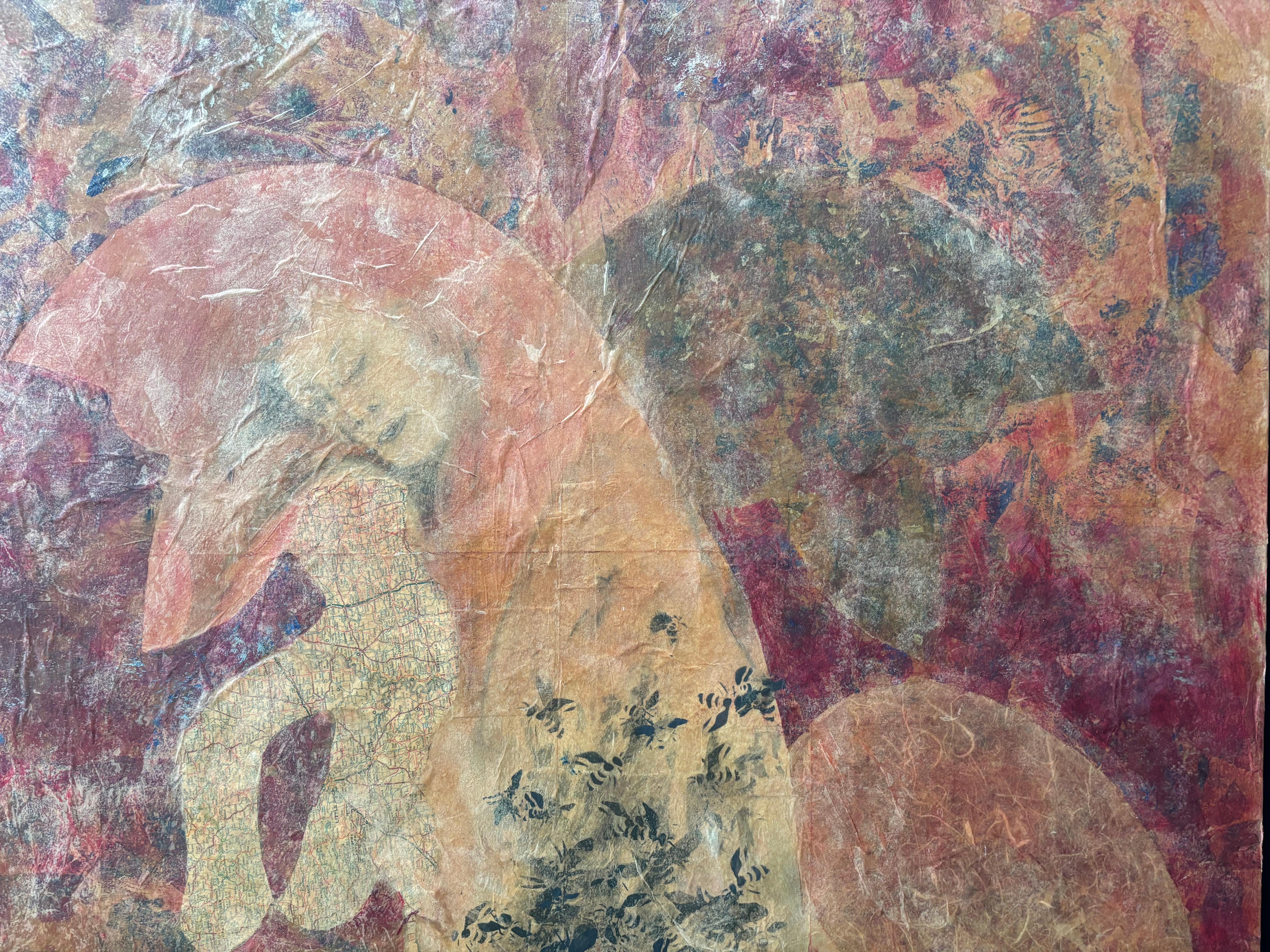 The first layer of this reality is a sweet red-haired woman. In the next layer she looks out from a two headed fox figure composed of road maps. While working I heard bees humming, messengers between the physical and spiritual realm. Bee symbolize