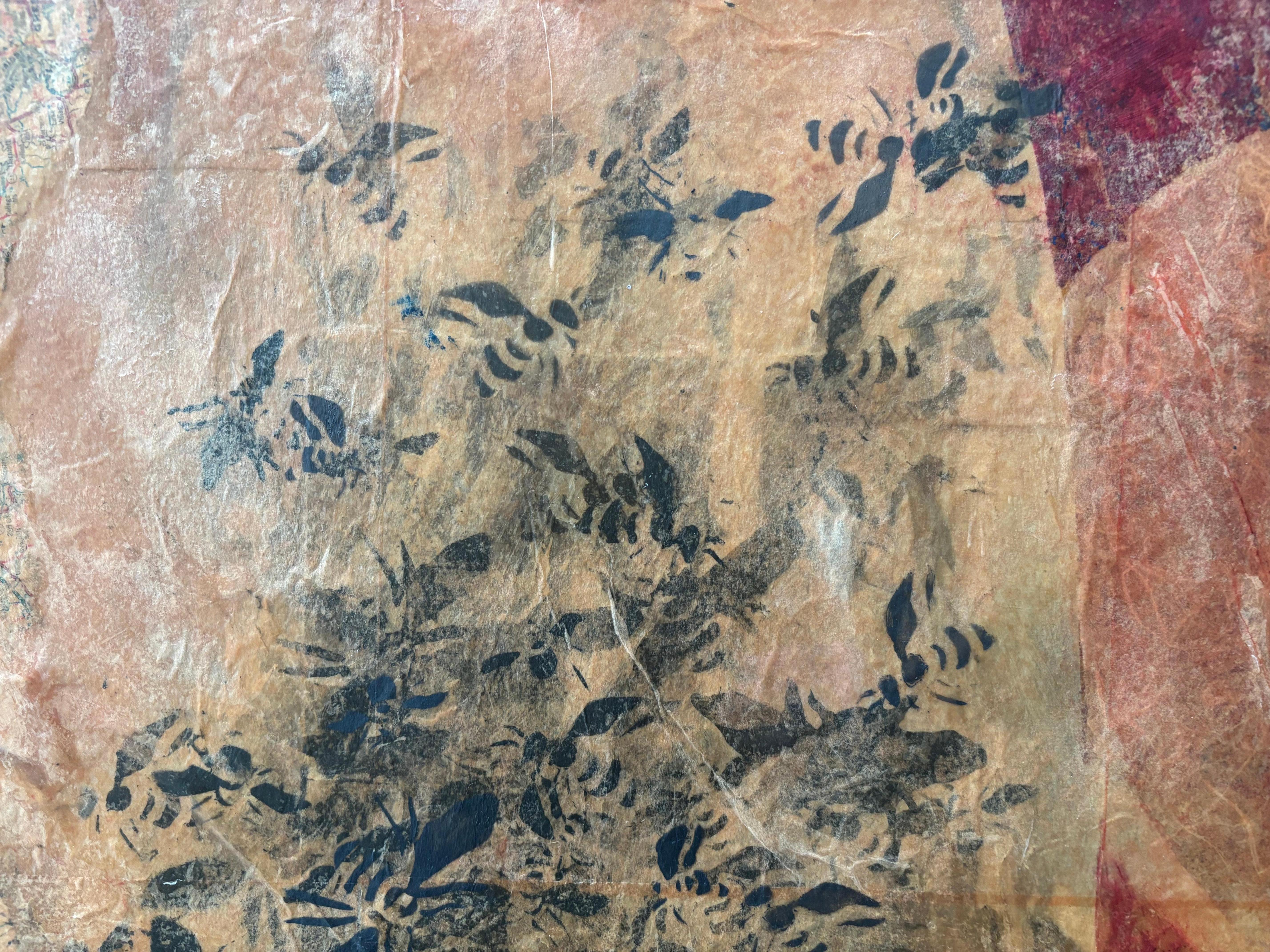Layers of Reality: Fox with BeesAcrylic paint, cold wax, monoprints, oil paint For Sale 1