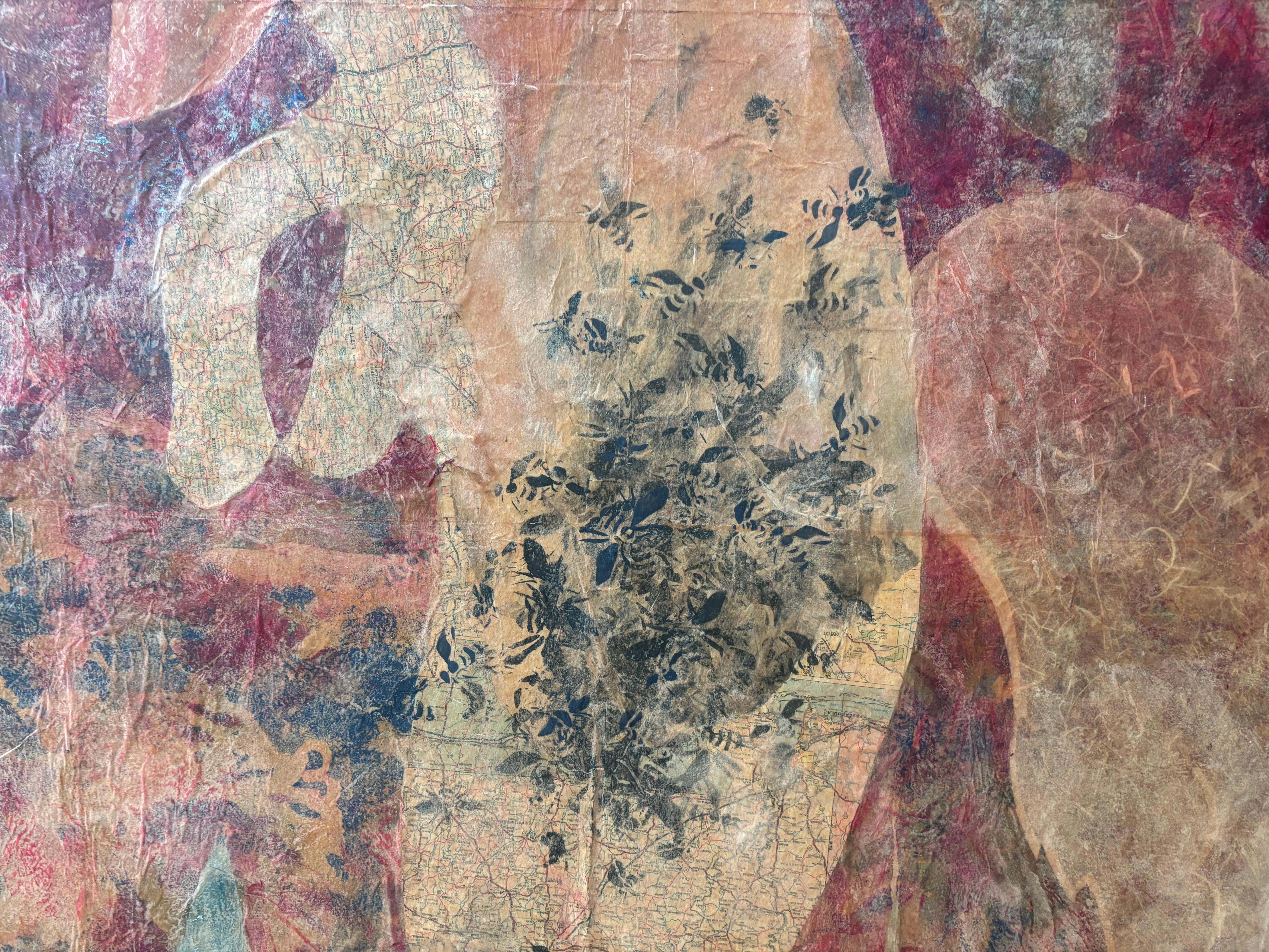 Layers of Reality: Fox with BeesAcrylic paint, cold wax, monoprints, oil paint For Sale 2