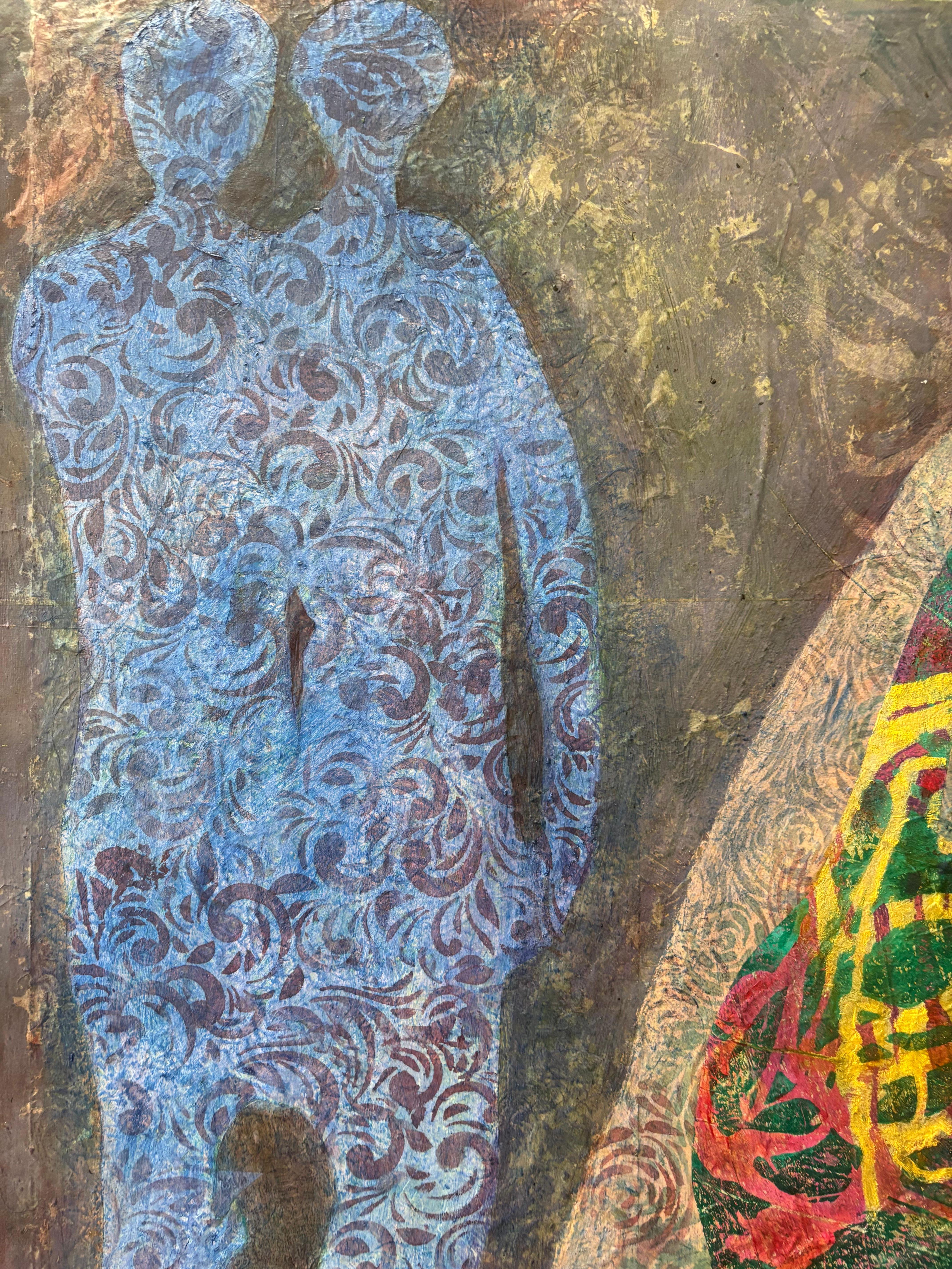Layers of Reality: Kokopelli Cold wax, monoprints, oil stick on canvas - Painting by Majio