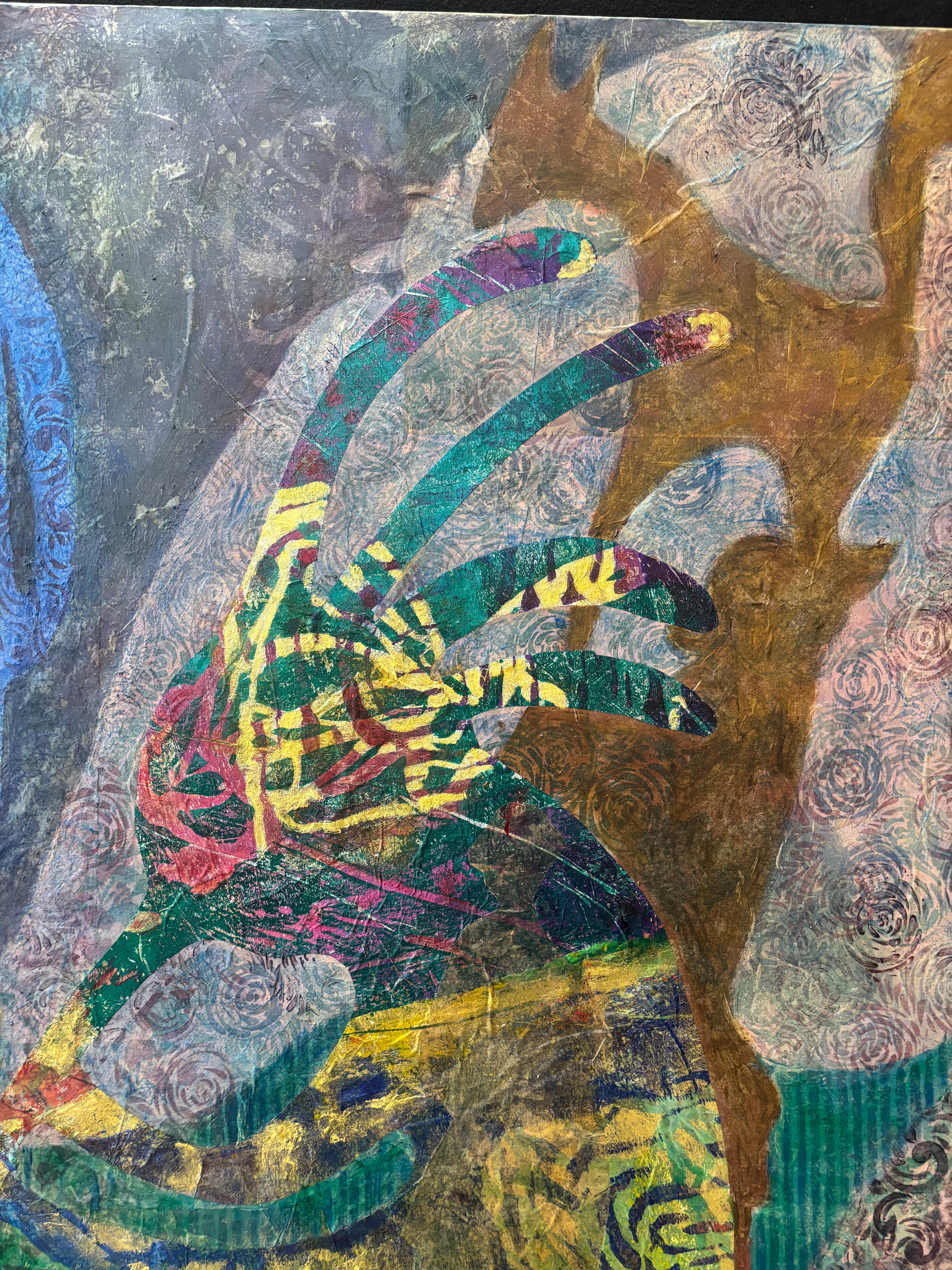 Layers of Reality: Kokopelli Cold wax, monoprints, oil stick on canvas - Other Art Style Painting by Majio