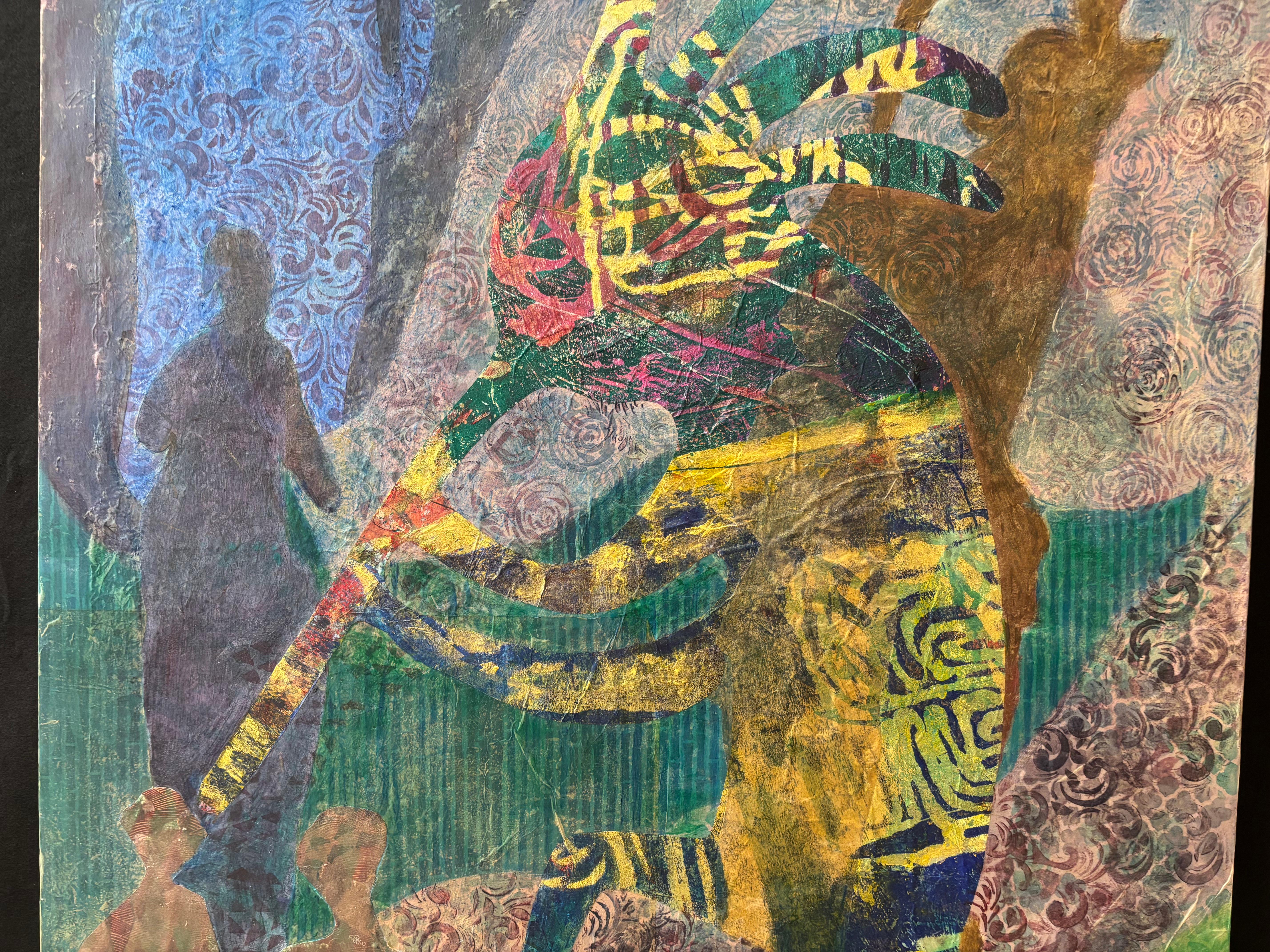 Layers of Reality: Kokopelli Cold wax, monoprints, oil stick on canvas - Gray Figurative Painting by Majio