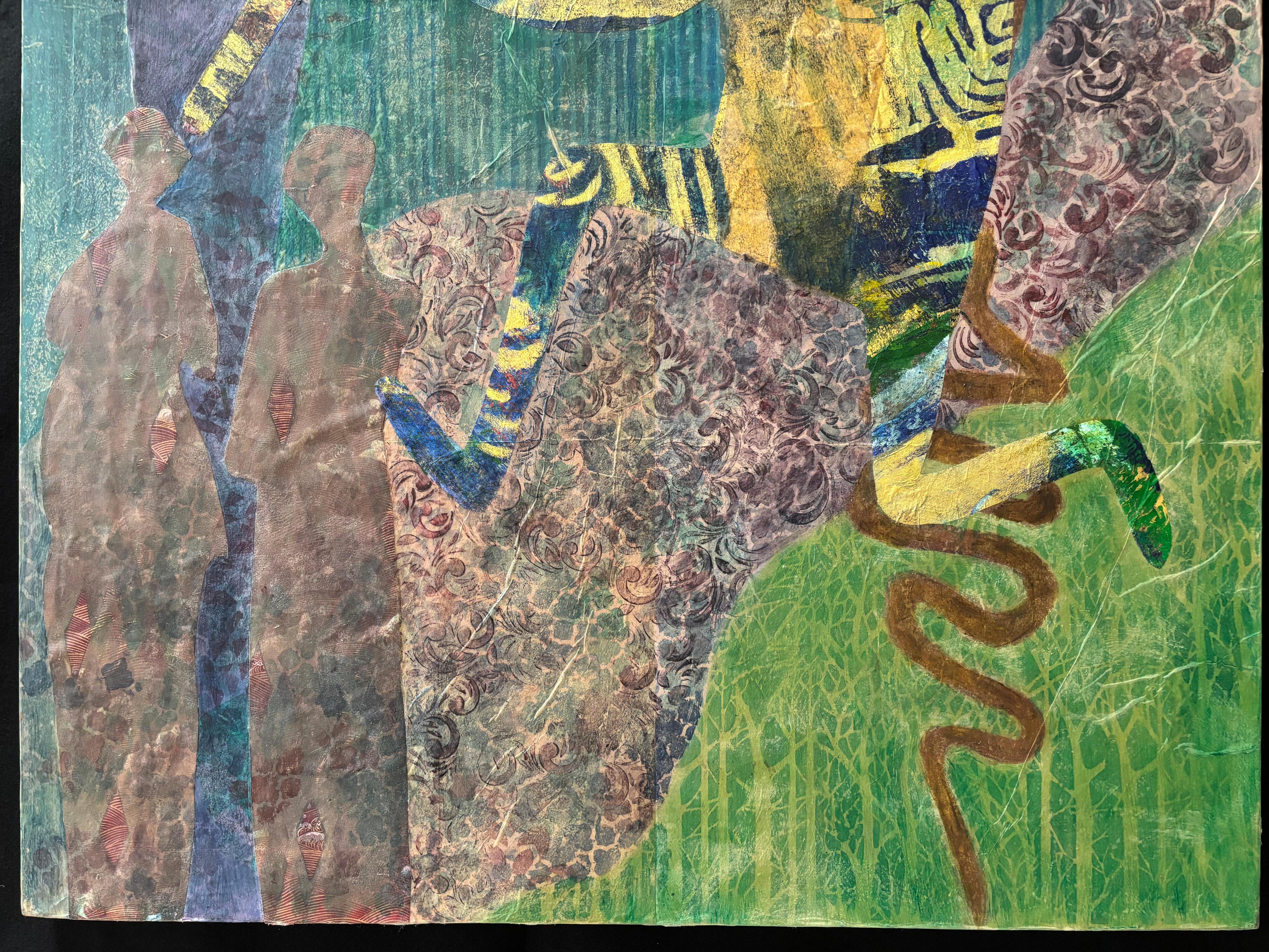 Layers of Reality: Kokopelli Cold wax, monoprints, oil stick on canvas For Sale 2
