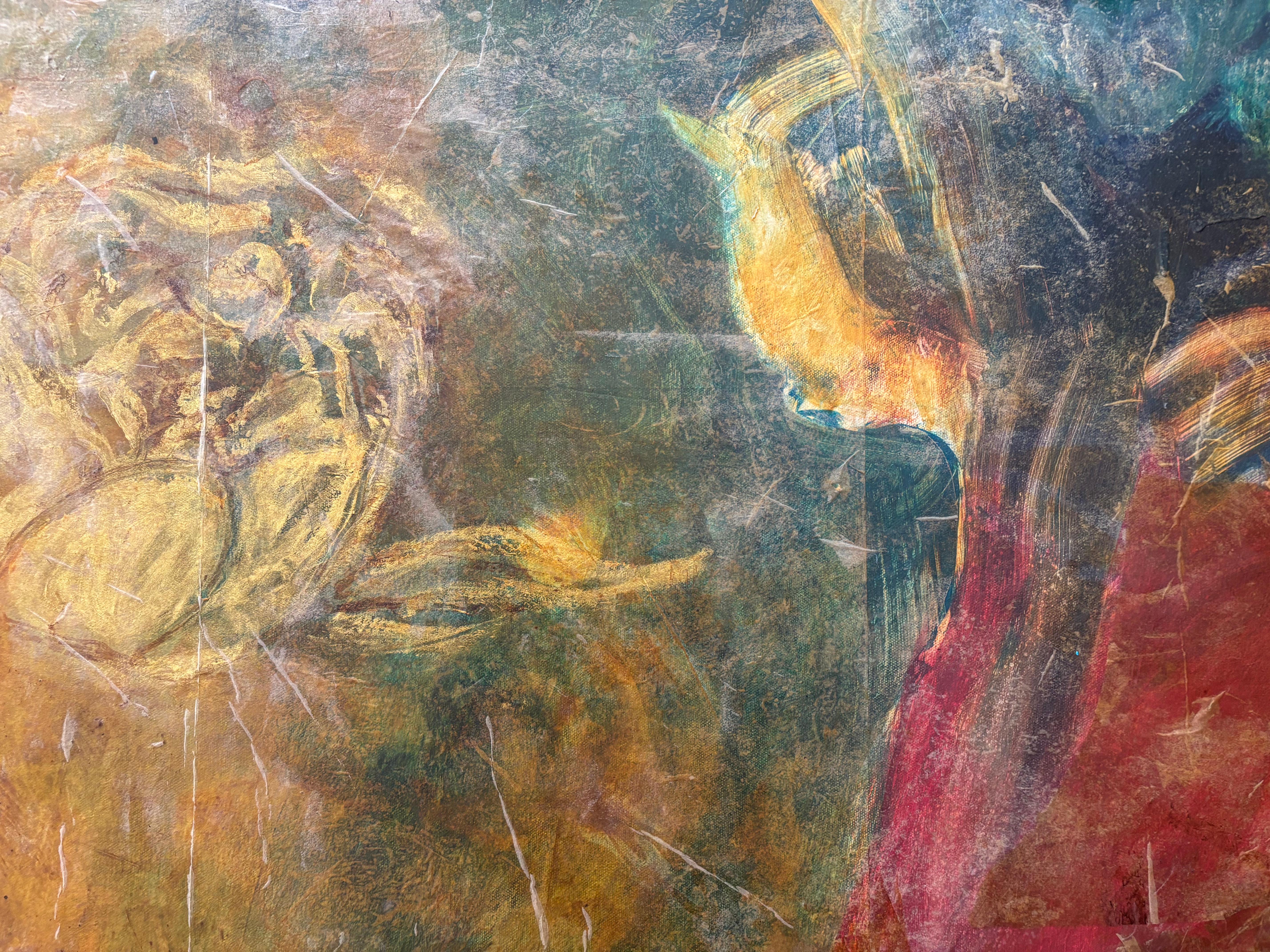 Layers of Reality: Peonies Cold wax, monoprint, oil stick on canvas - Painting by Majio