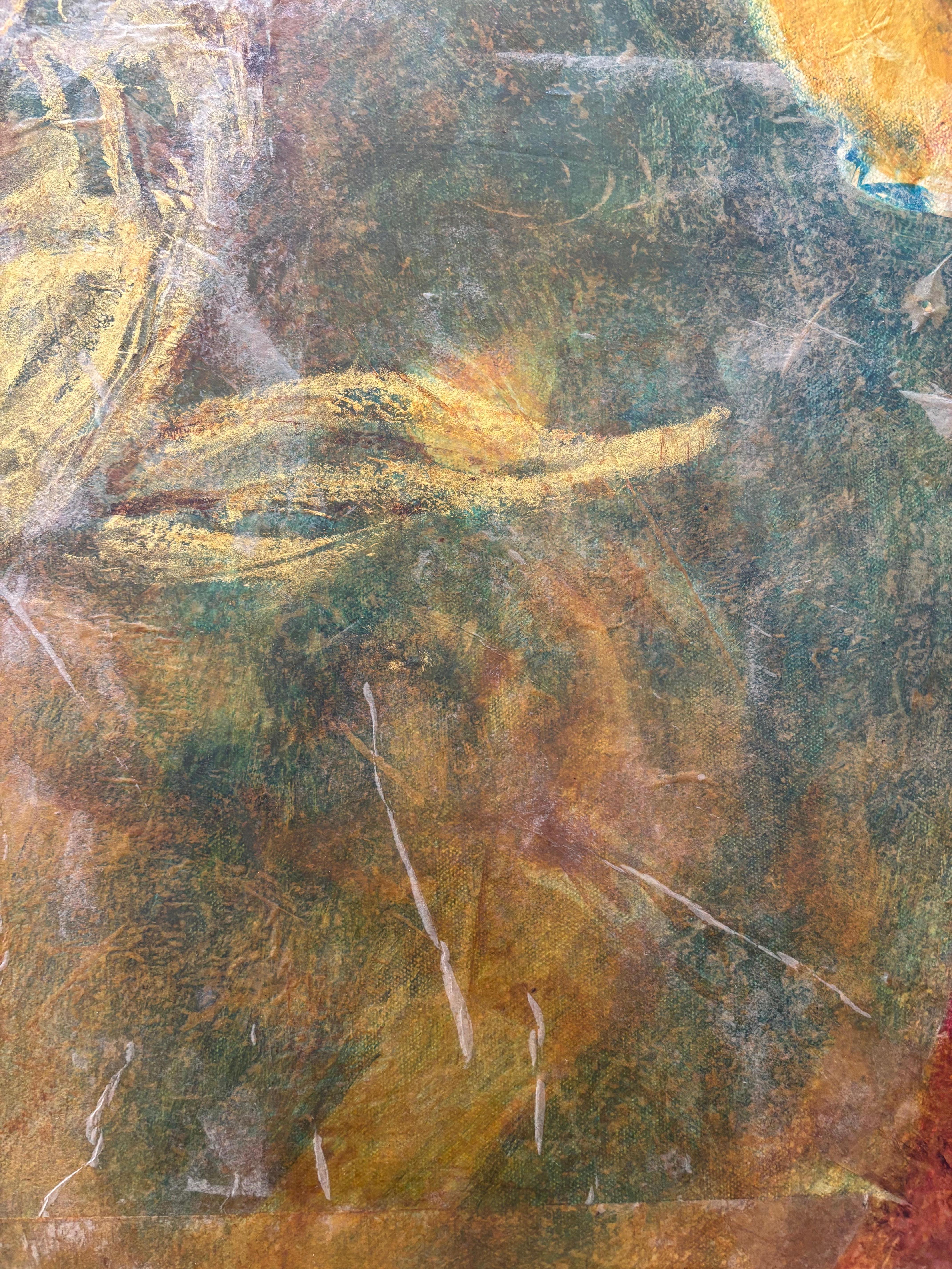 Layers of Reality: Peonies Cold wax, monoprint, oil stick on canvas - Other Art Style Painting by Majio