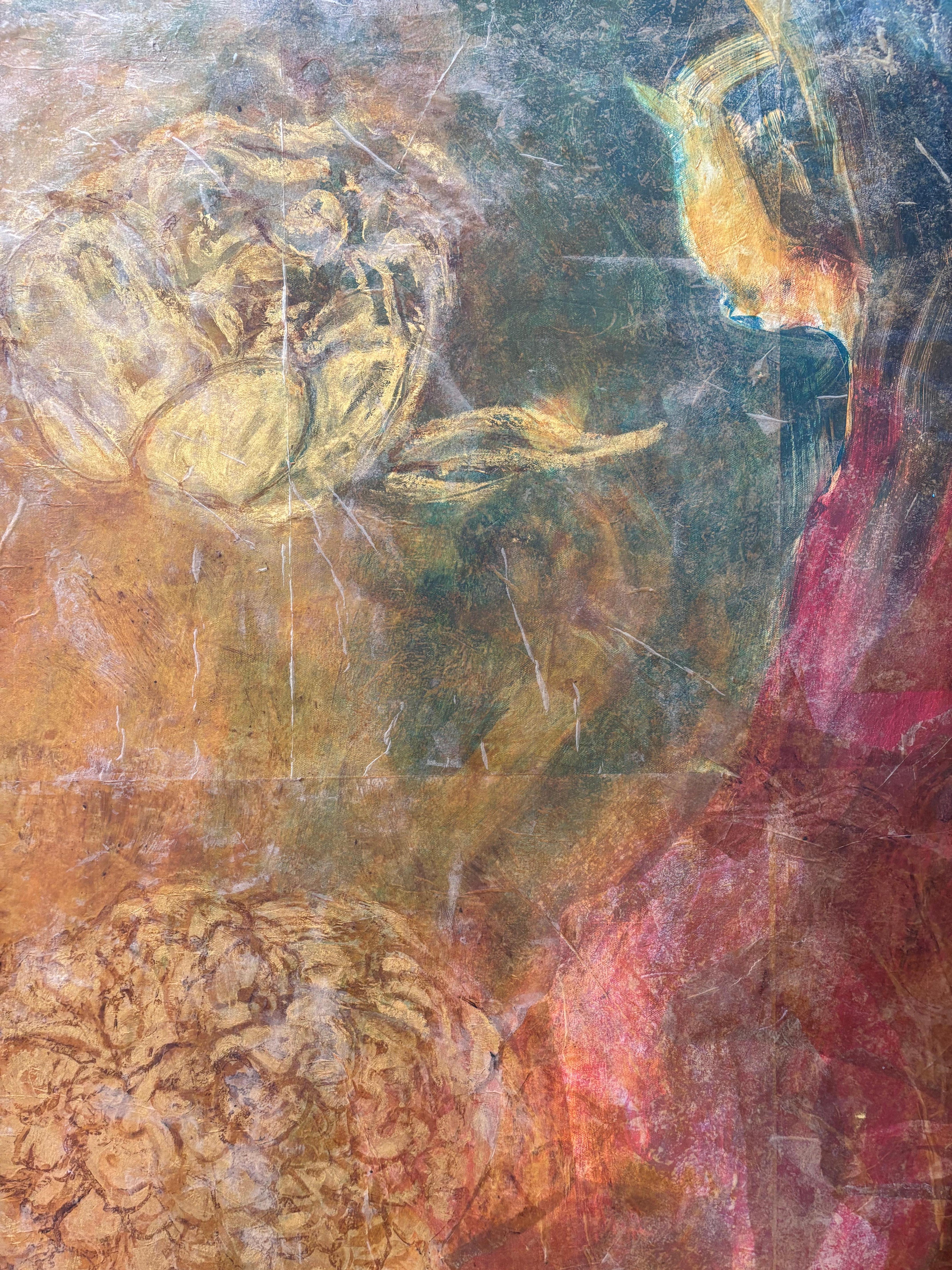 Layers of Reality: Peonies Cold wax, monoprint, oil stick on canvas - Brown Figurative Painting by Majio