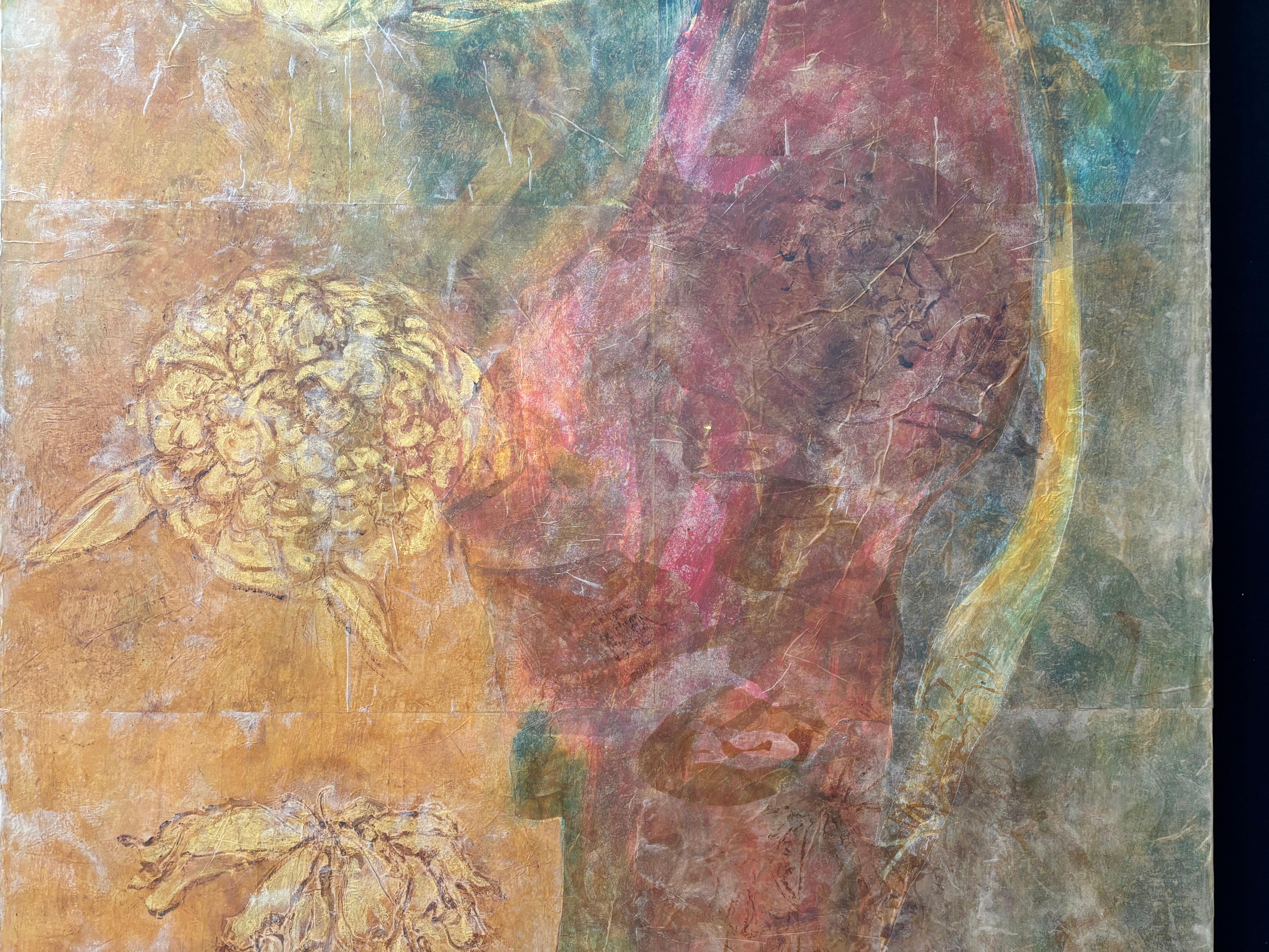 Layers of Reality: Peonies Cold wax, monoprint, oil stick on canvas For Sale 1