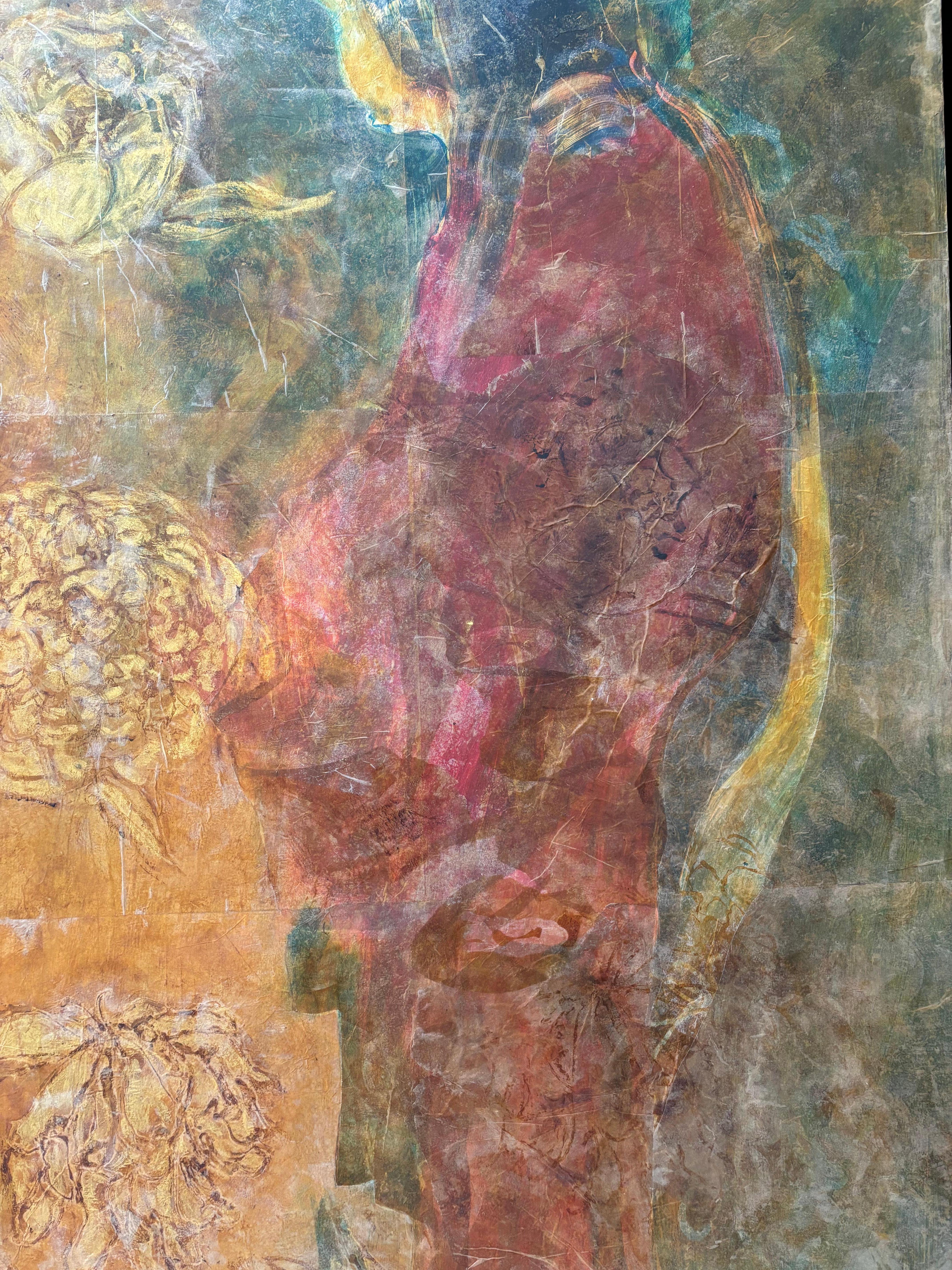 Layers of Reality: Peonies Cold wax, monoprint, oil stick on canvas For Sale 4