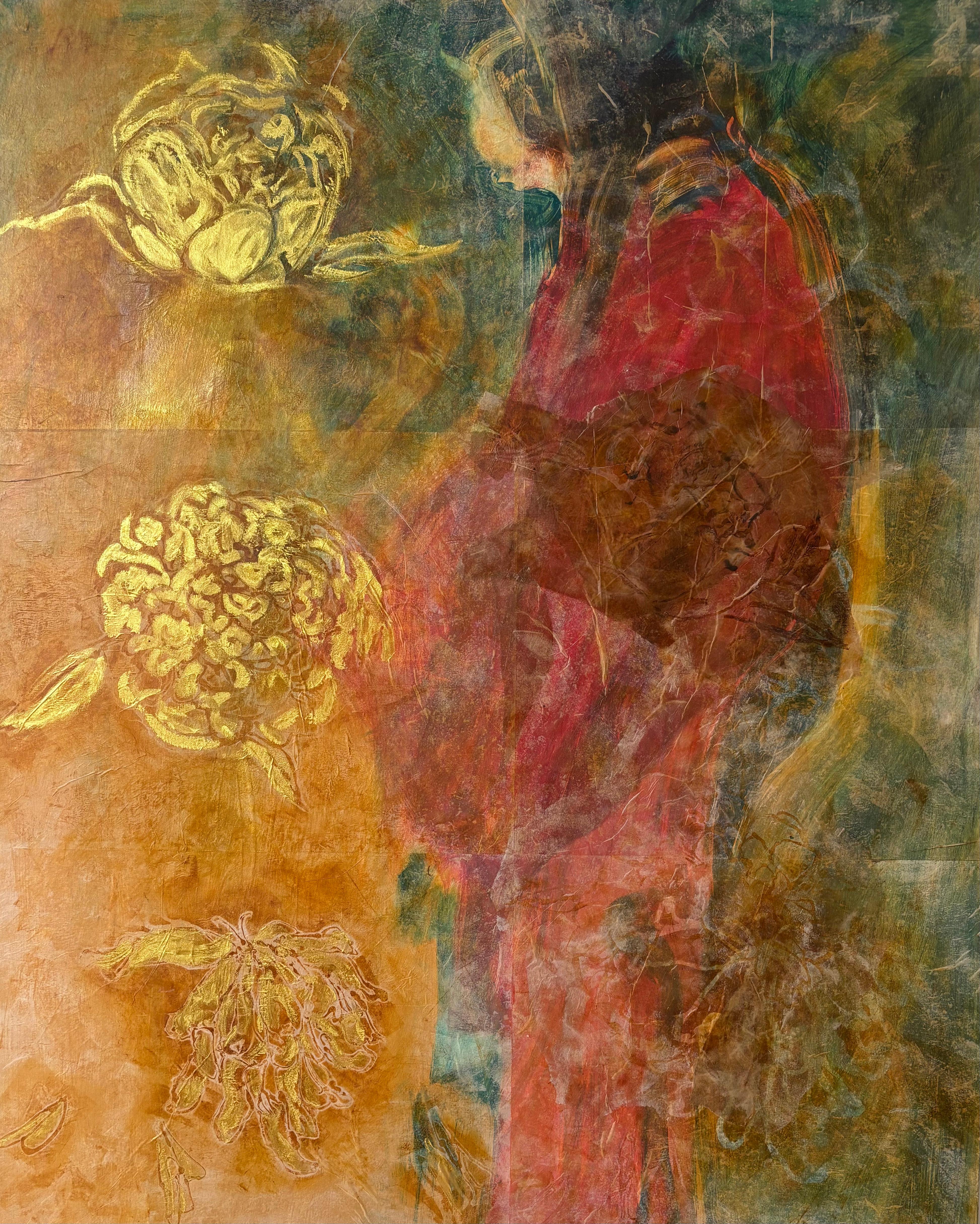 Majio Figurative Painting - Layers of Reality: Peonies Cold wax, monoprint, oil stick on canvas