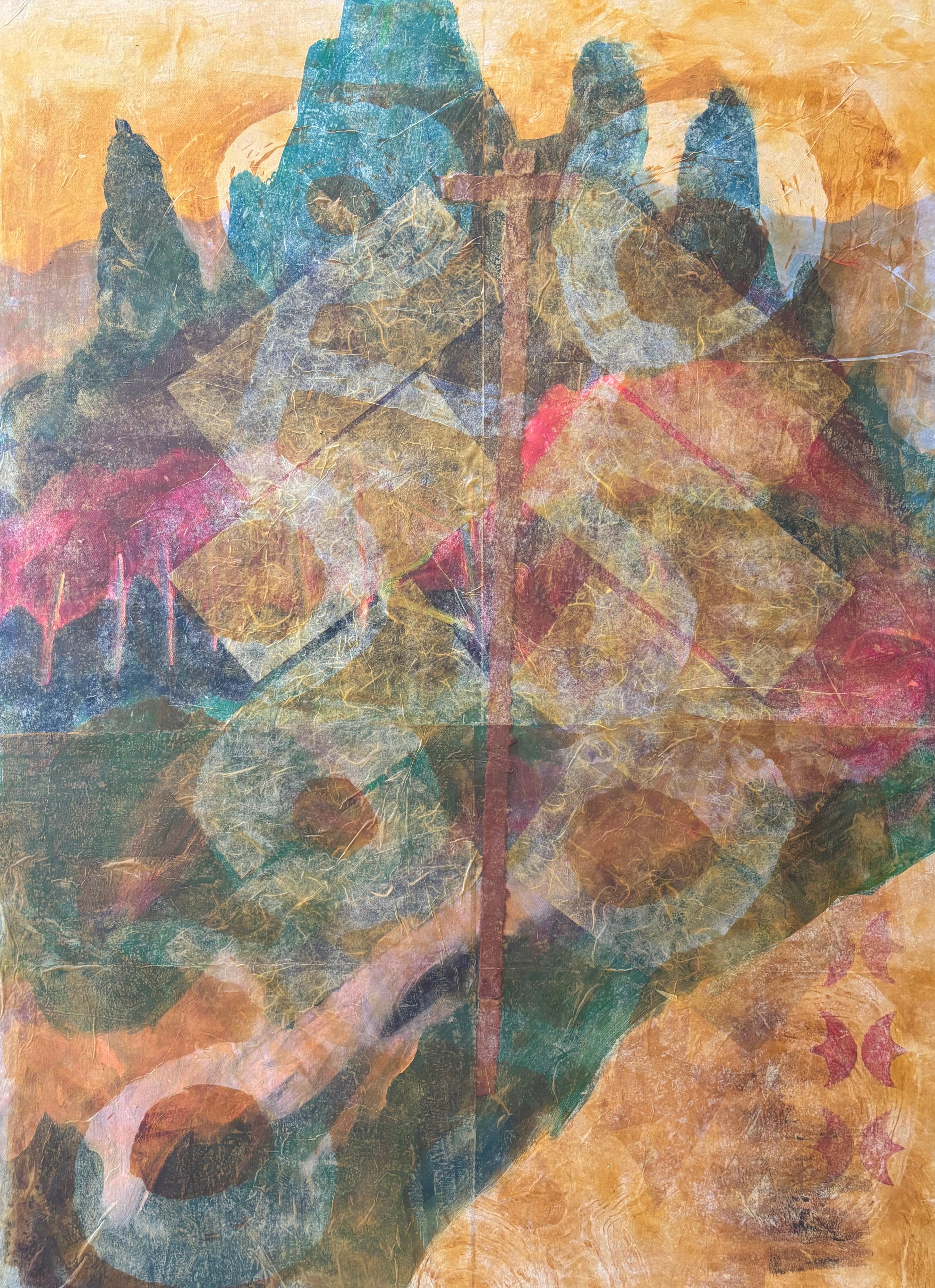Layers of Reality: Pogonip Diptych  Cold wax, monoprints, oil stick on - Painting by Majio