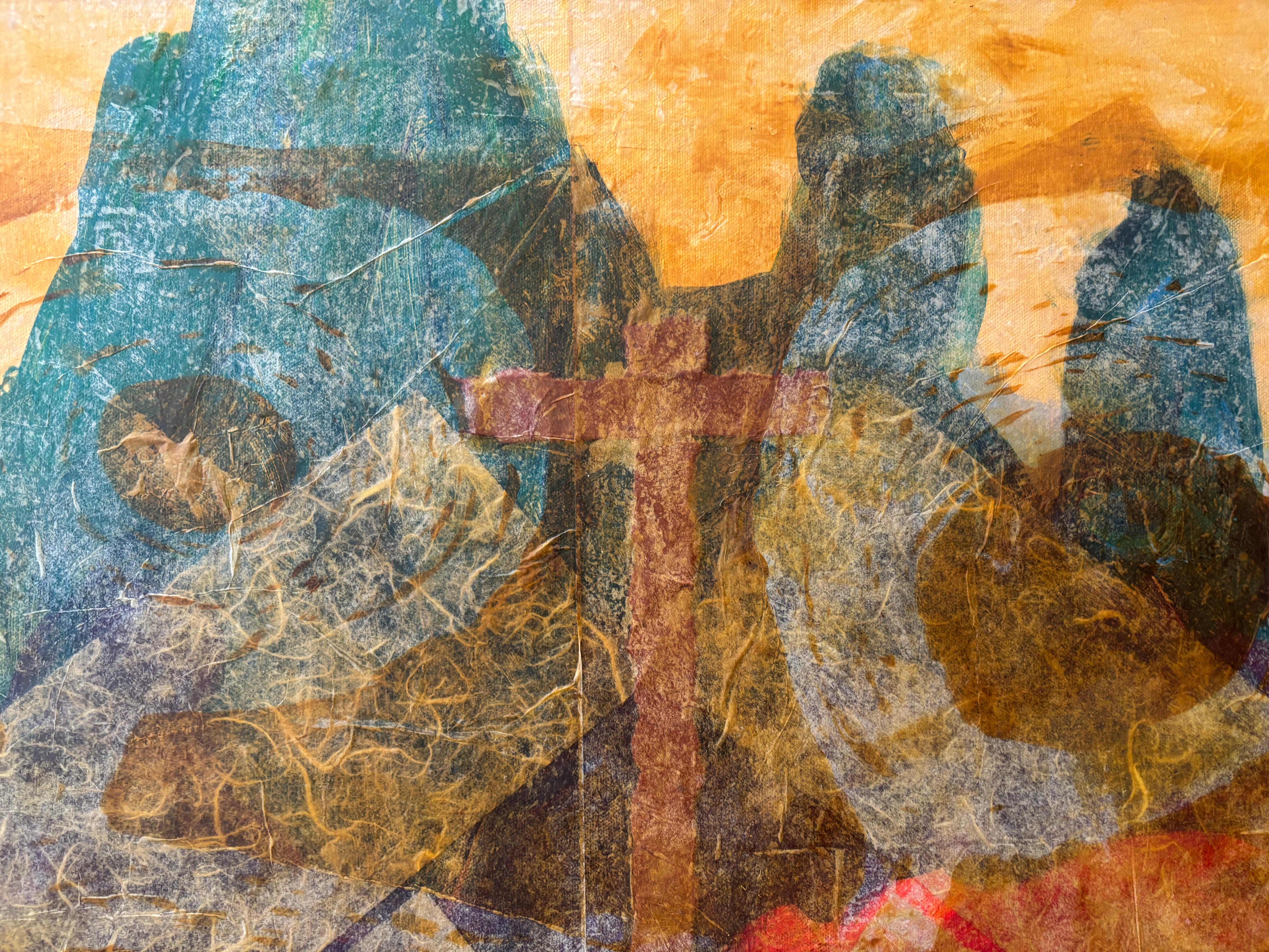 Layers of Reality: Pogonip Diptych  Cold wax, monoprints, oil stick on - Brown Landscape Painting by Majio