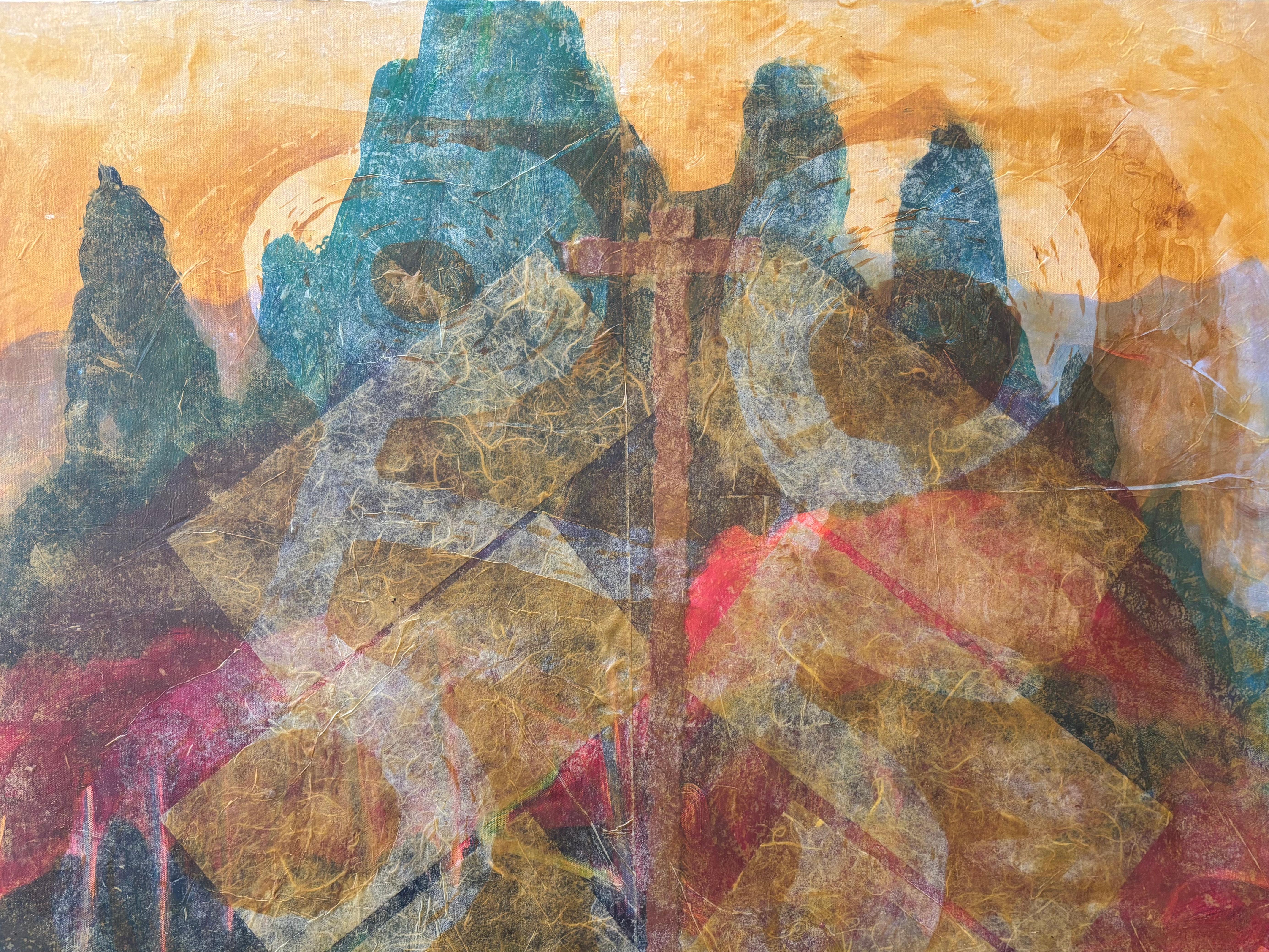 Series Layers of Reality: After working with the first the monk series, I was ready to explore possible realities the tissue paper-cold wax technique to invite new perceptions by layering and cutting way of materials. Six large format pieces