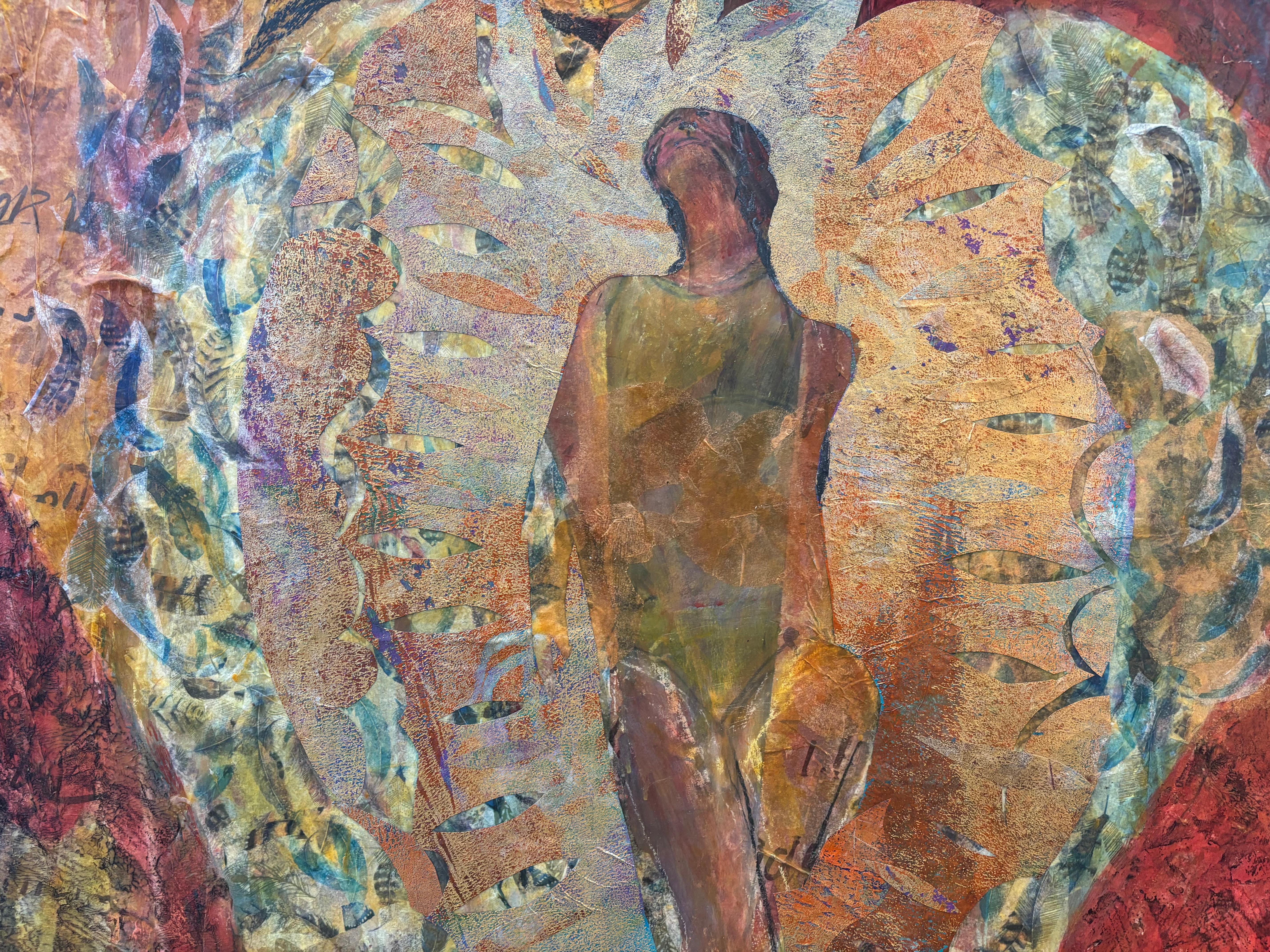 Our Lady with Wings, Large Format Mixed Media 44 in x 30 in - Brown Figurative Painting by Majio