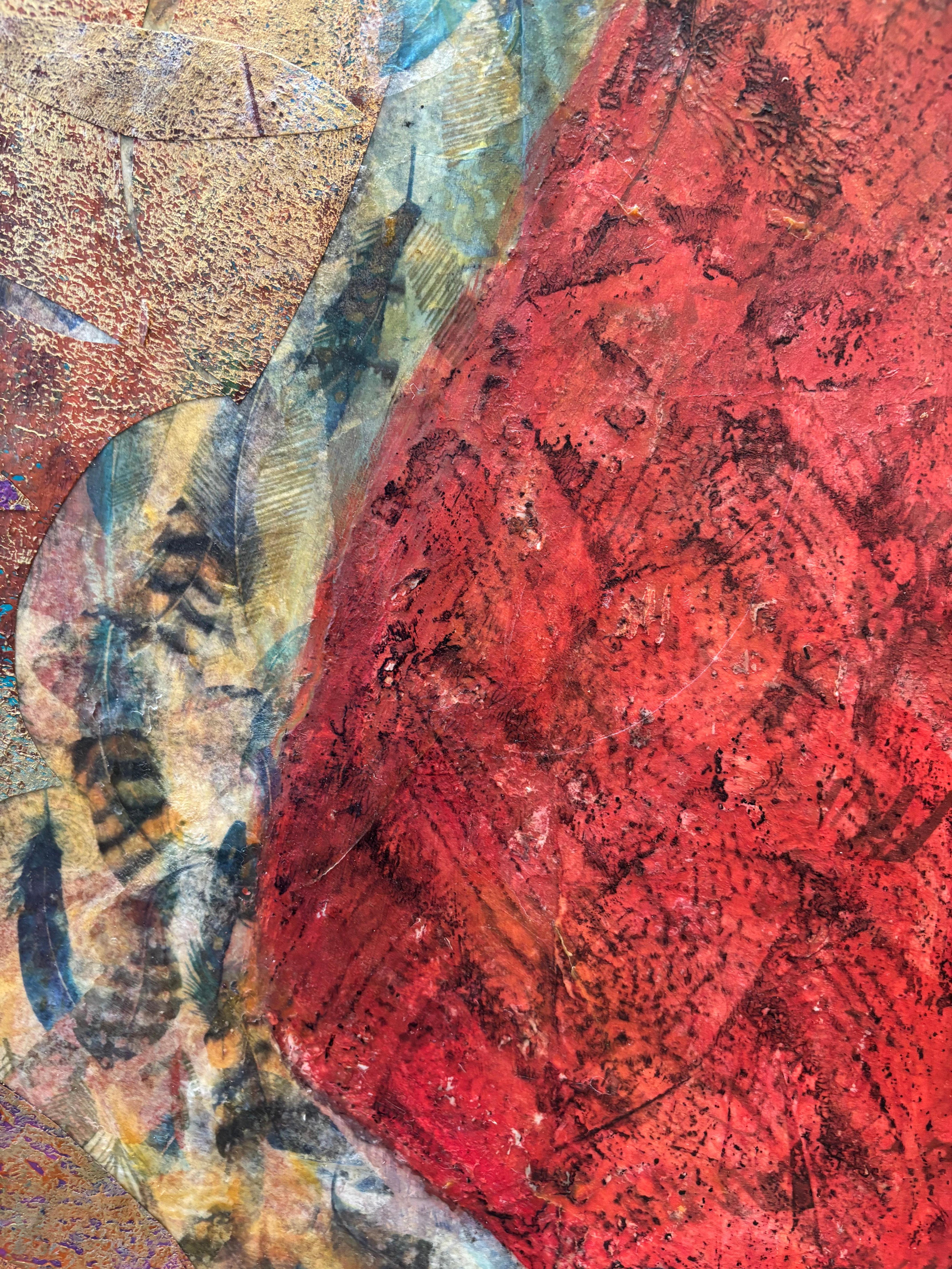 Large format acrylic painting with cold wax, oil stick and layers of marked tissue paper introduces a new way of relating to materials and creating context. Through the layers of tissue paper surprising images emerge. In this piece an underpainting