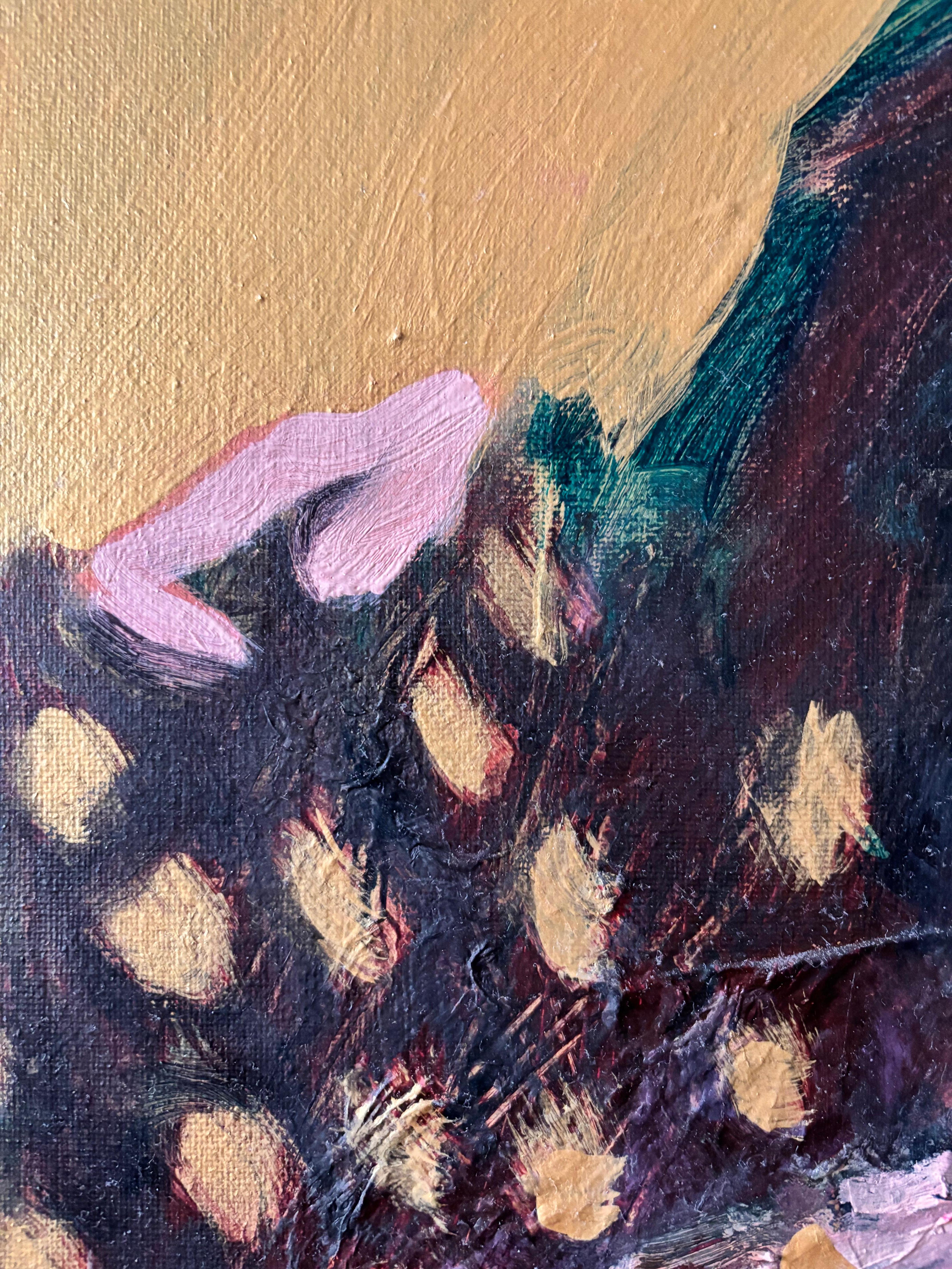 Playing with Holes Acrylic paint with handmade paper on canvas - Brown Figurative Painting by Majio