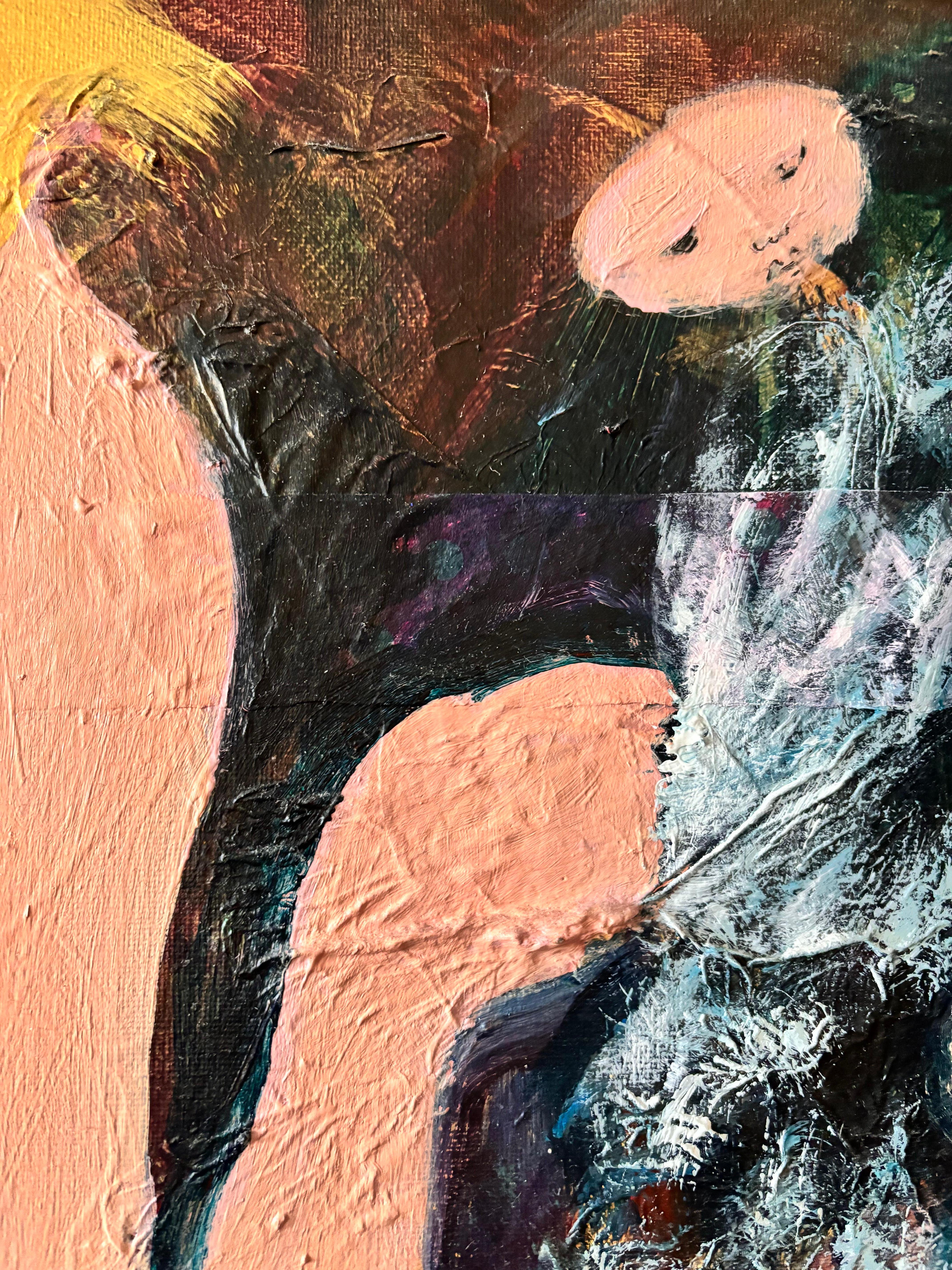 Playing with Surf - Peinture acrylique et papier fait main sur toile - Marron Figurative Painting par Majio