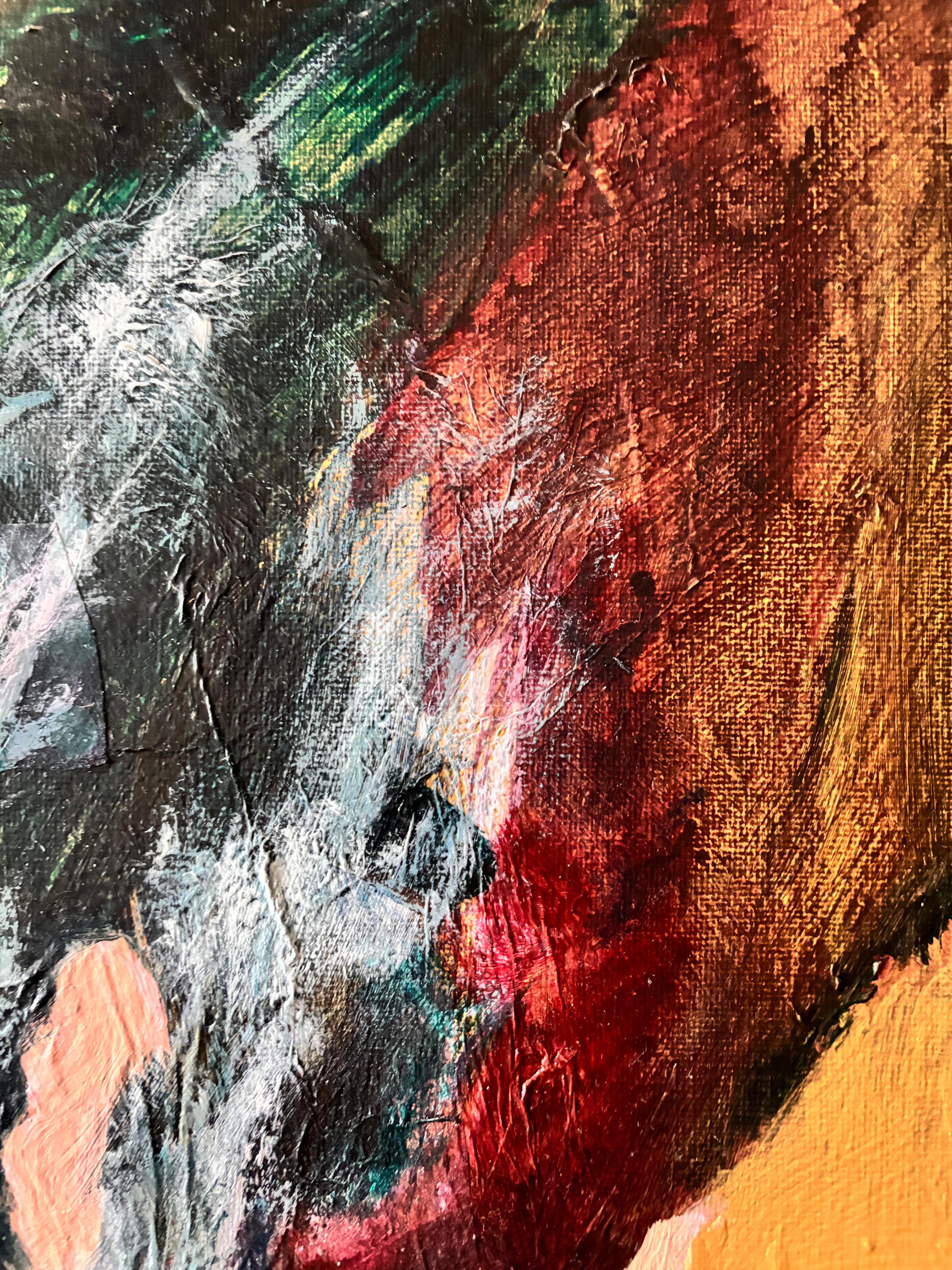 Cette femme est prise avec ses mains jouant avec les vagues de l'océan. Elle se tient peut-être devant l'évier de la cuisine ou sur le rivage, en train de créer.

Il y a une variété de matériaux utilisés dans ces petites peintures sur bois et sur