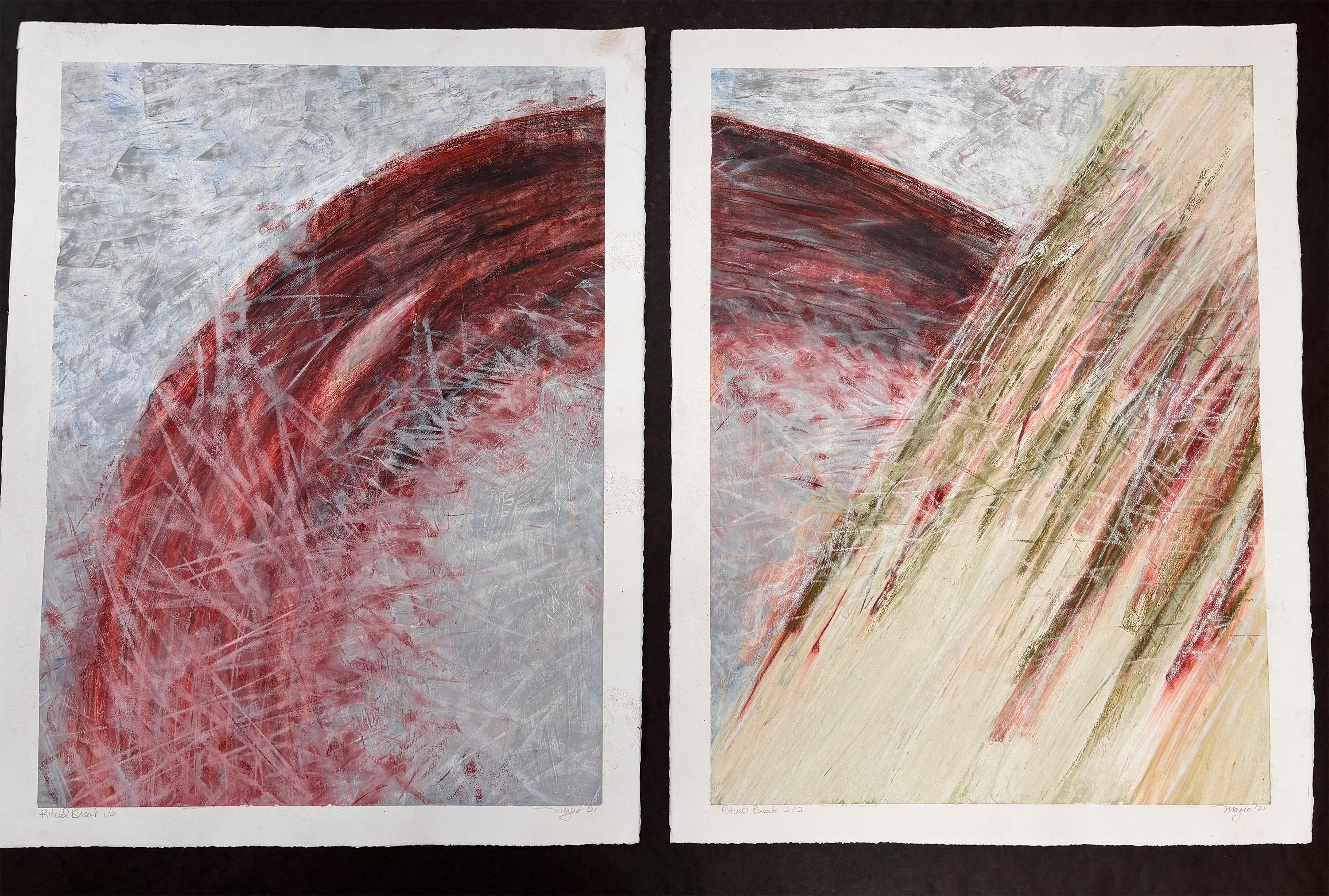 Abstract Painting Majio - Ritual Break, Diptyque sur Reeves BFK avec Art Graf et cire froide.
