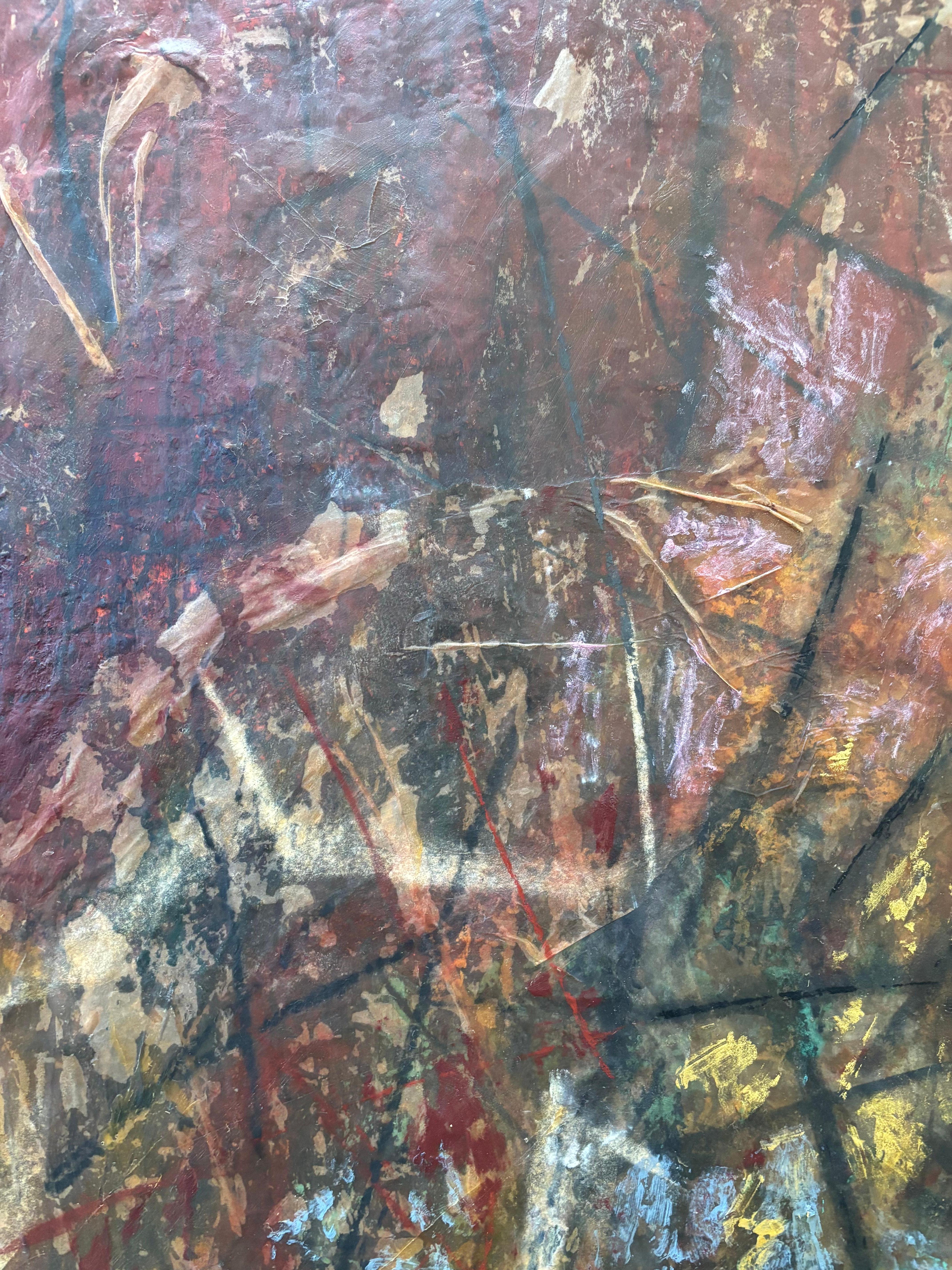 Shield-Cold wax oil stick, graphite, tissue paper, attached brass piece on panel - Painting by Majio