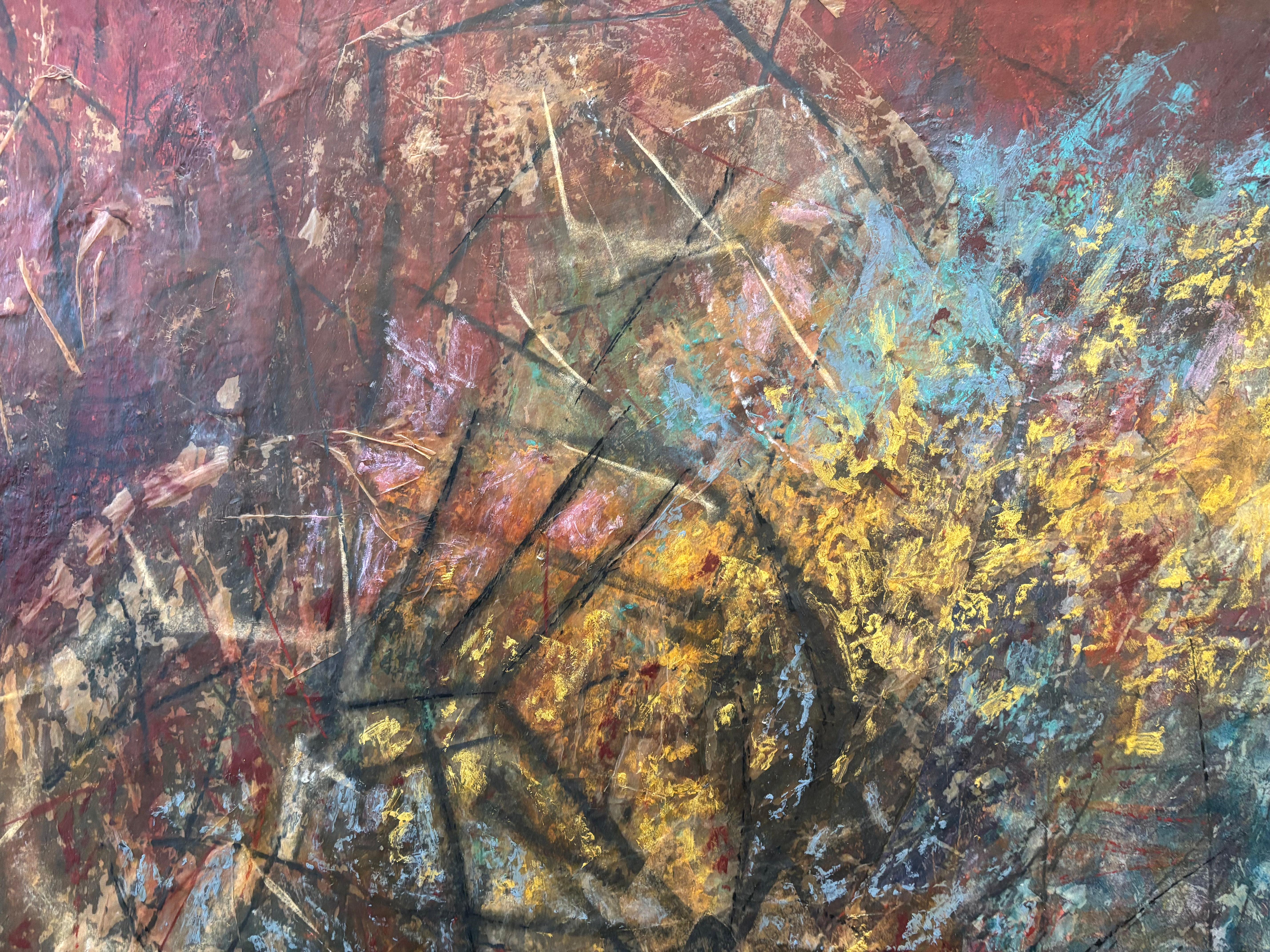 Shield-Cold wax oil stick, graphite, tissue paper, attached brass piece on panel - Other Art Style Painting by Majio