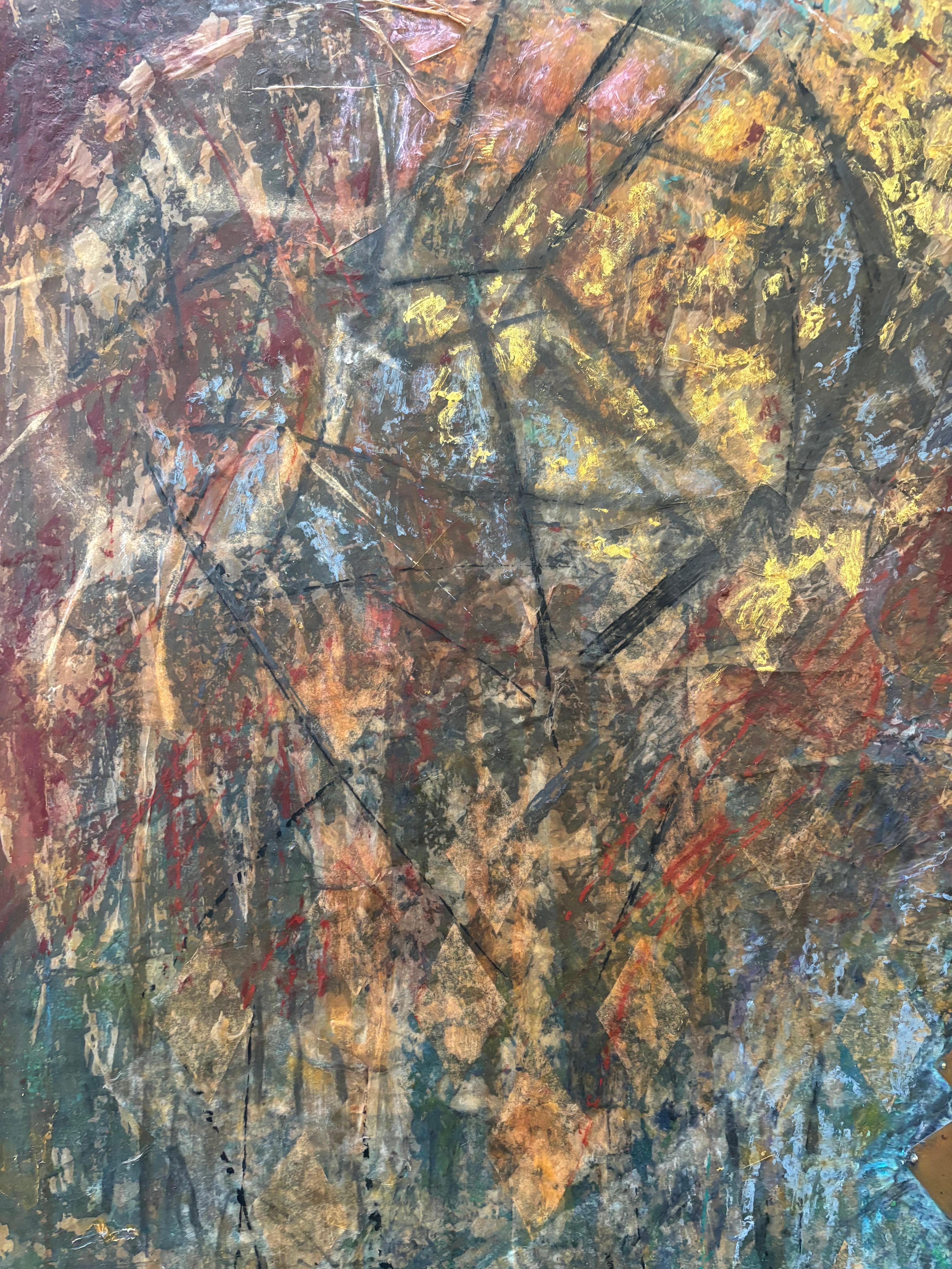 Shield-Cold wax oil stick, graphite, tissue paper, attached brass piece on panel - Brown Abstract Painting by Majio