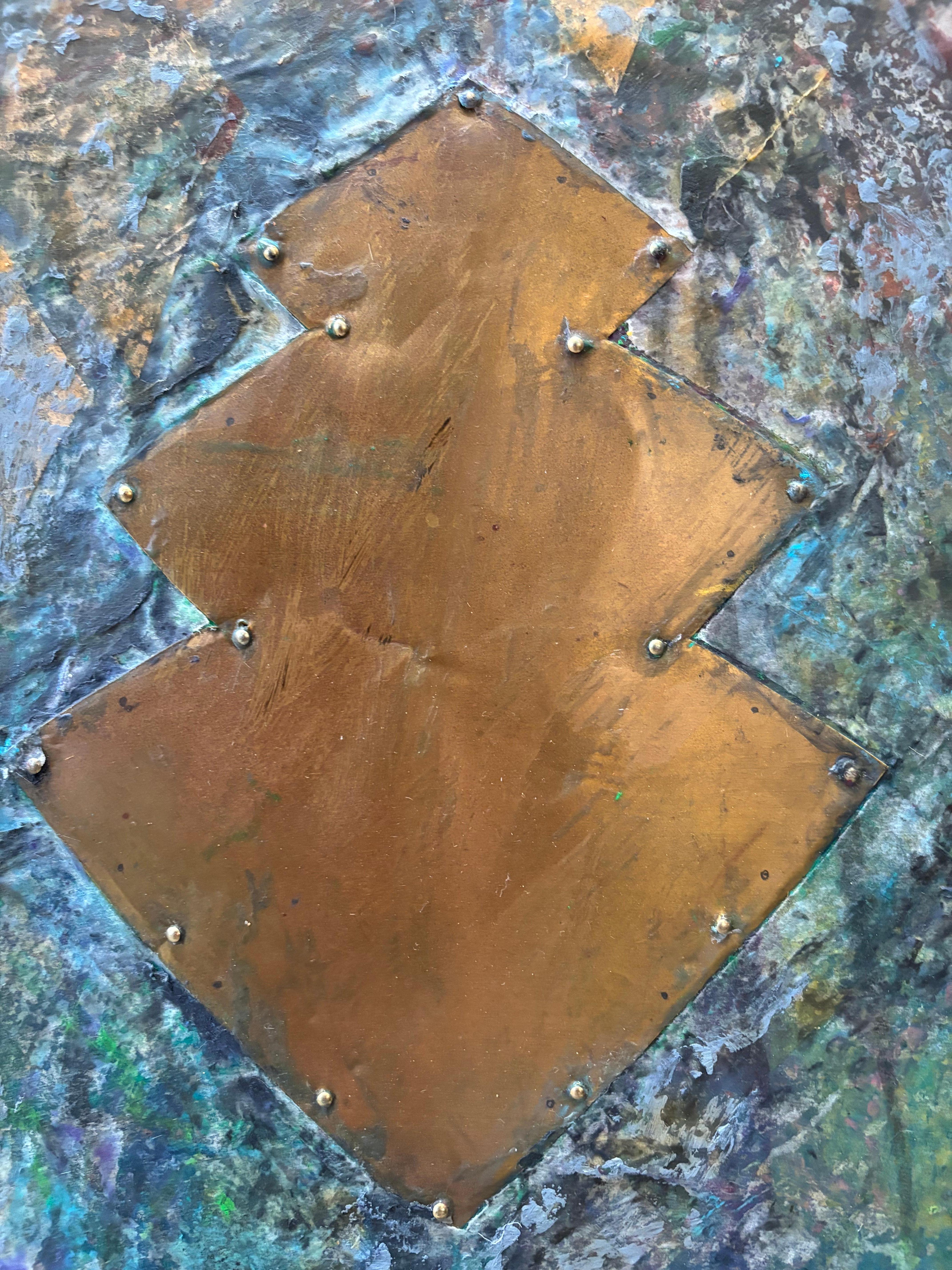 Shield, with oil paint and laminated cold wax layers of marked tissue paper, captures a sense of the protection in the everyday world from our awareness of other realms of reality. That protection seems to be encased in old beliefs leading to