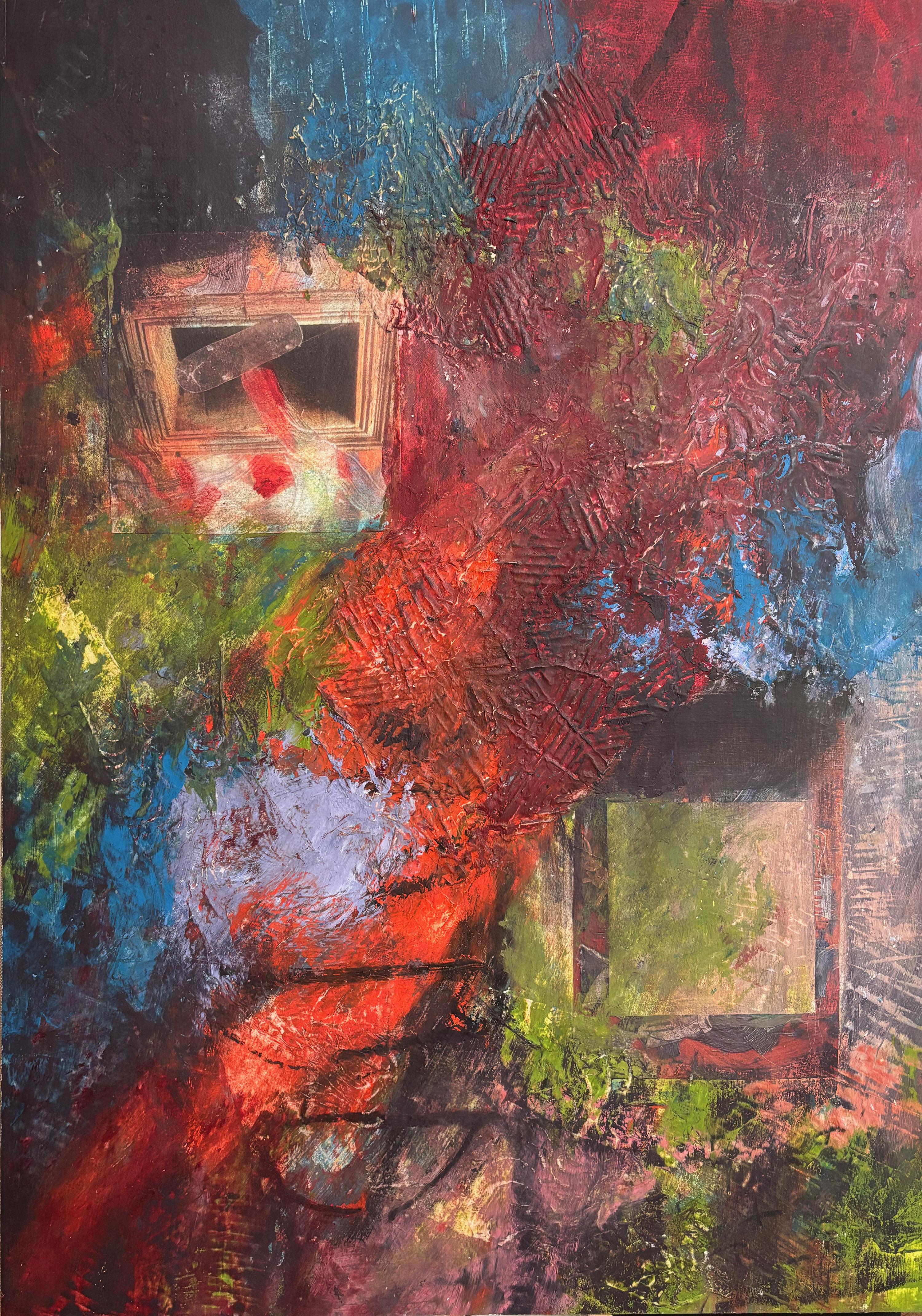 Majio Abstract Painting - Skateboard Portal I - paper, linen, fiberboard, acrylic, cold wax, graphite.