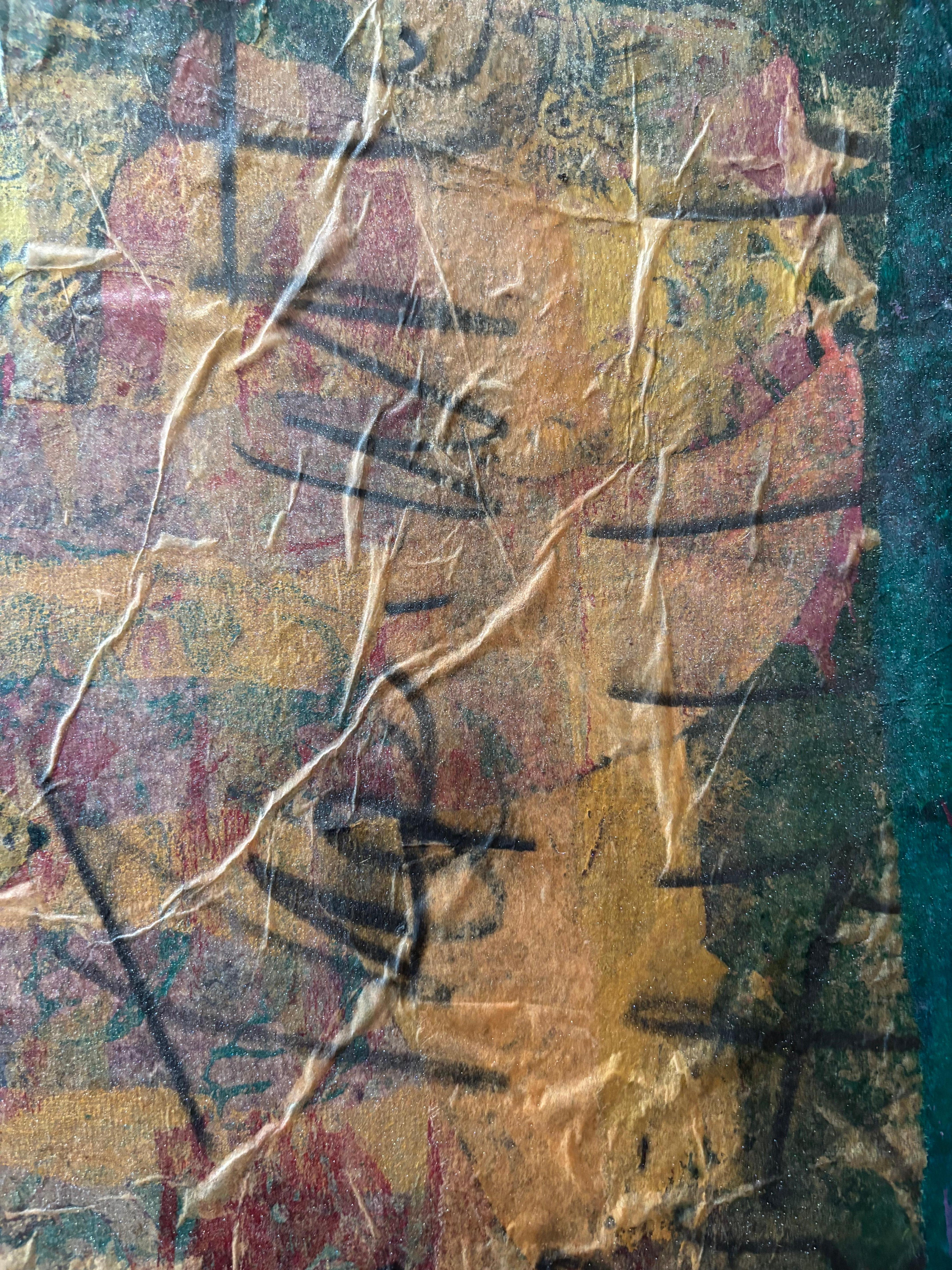 Stone Lantern in Tyme II Cold wax, monoprints, oil stick on canvas - Gray Still-Life Painting by Majio