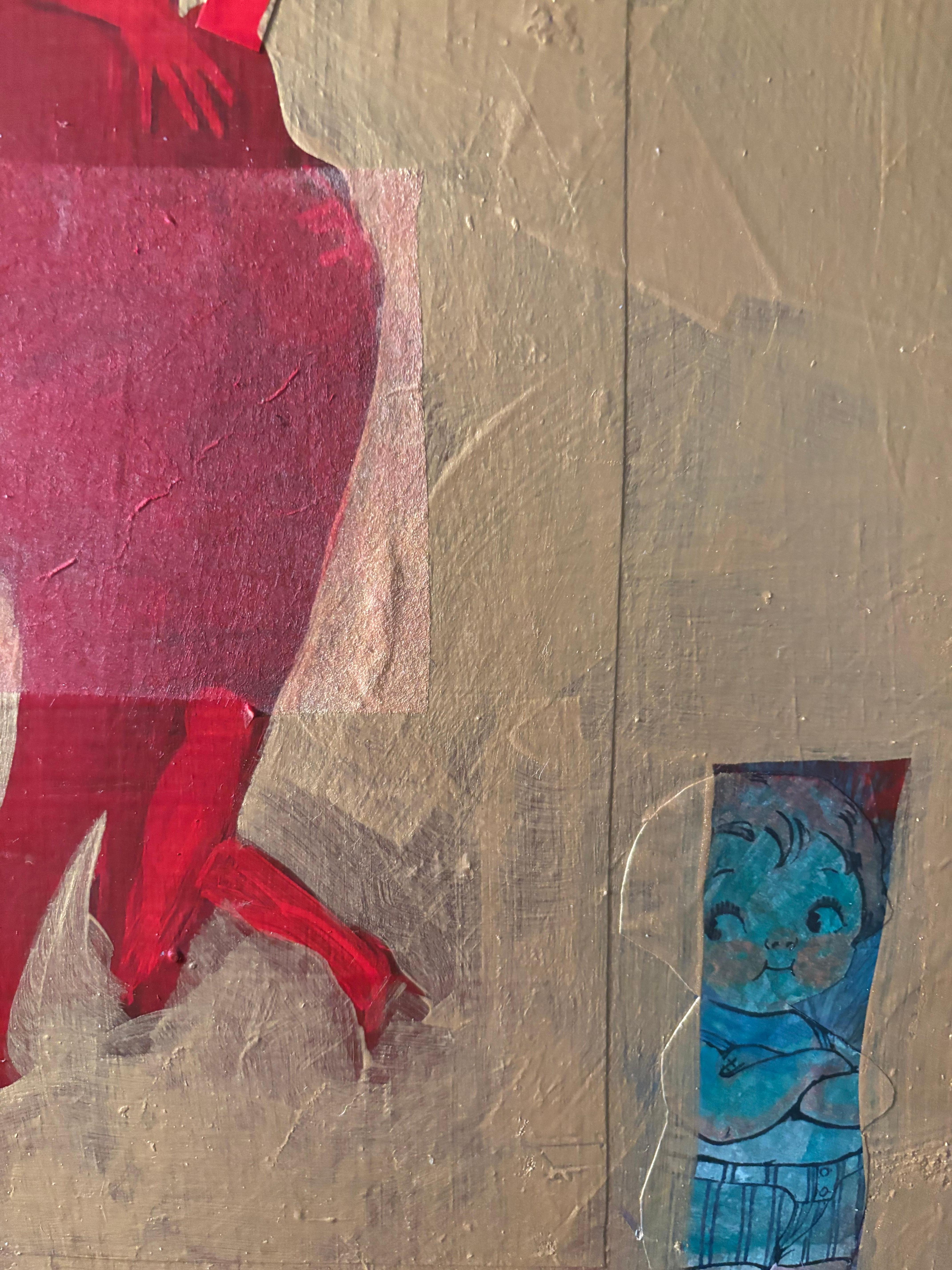 Small Wooden Pieces I: Tango and Dolly Dingle Series: Dolly with Diamonds - Brown Figurative Painting by Majio