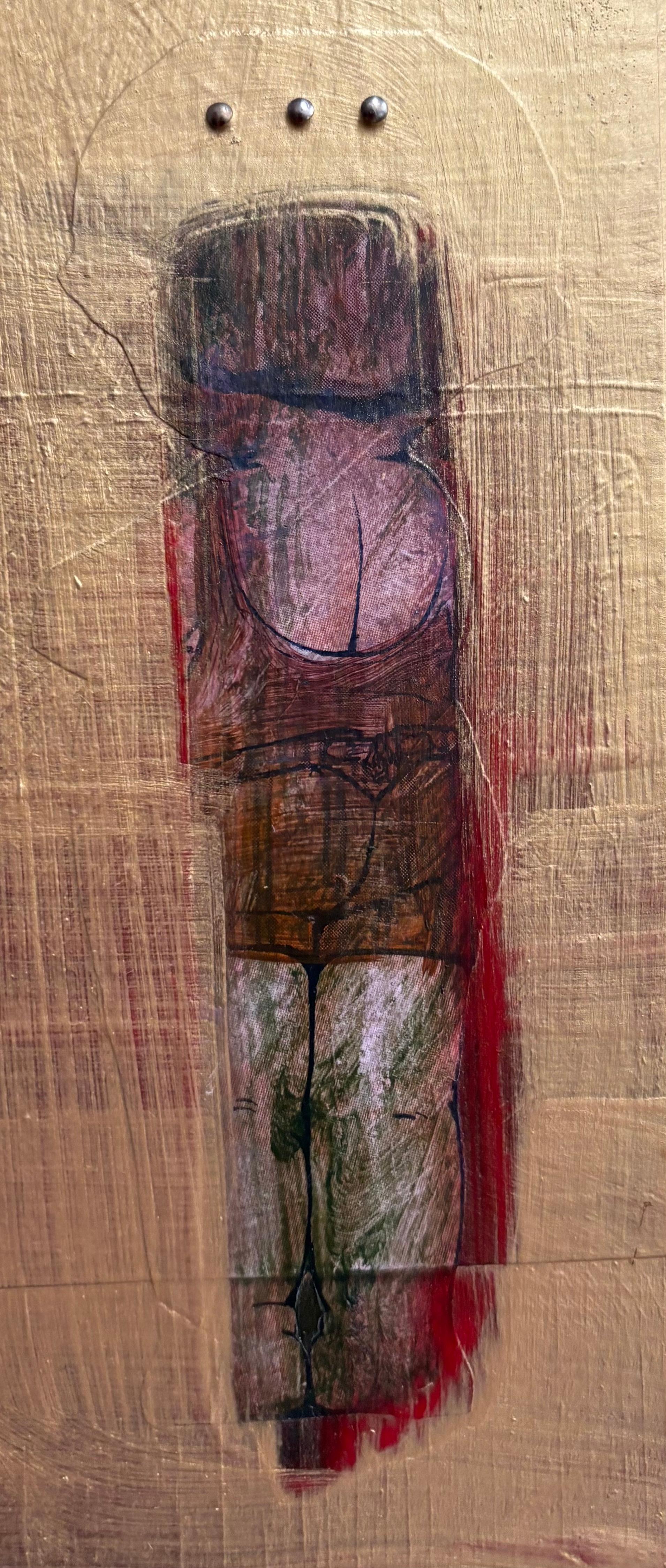 Small Wooden Pieces I: Tango Dolly Dingle Series: Dolly with Three Dots - Painting by Majio