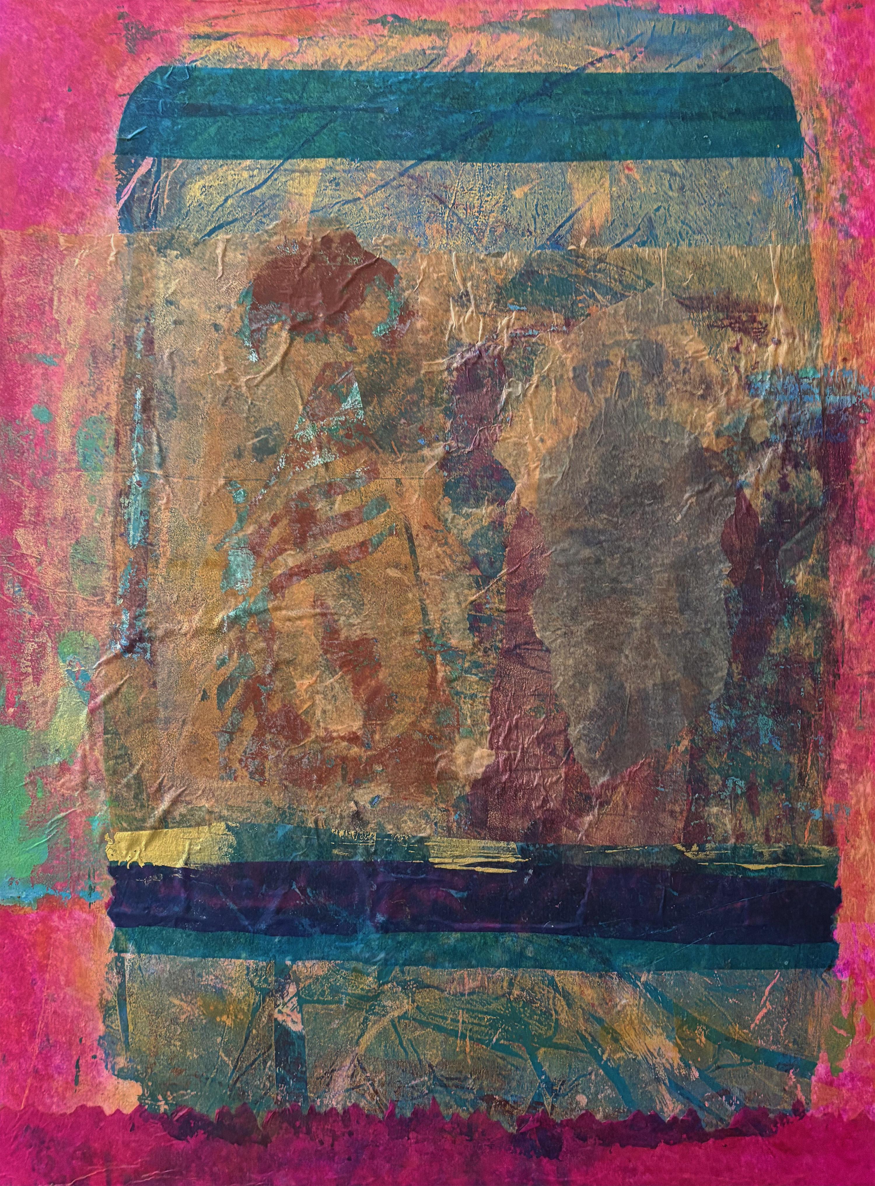 Majio Figurative Painting – Tyme of Revolution Cold wax, monoprints, transfer, oil stick on