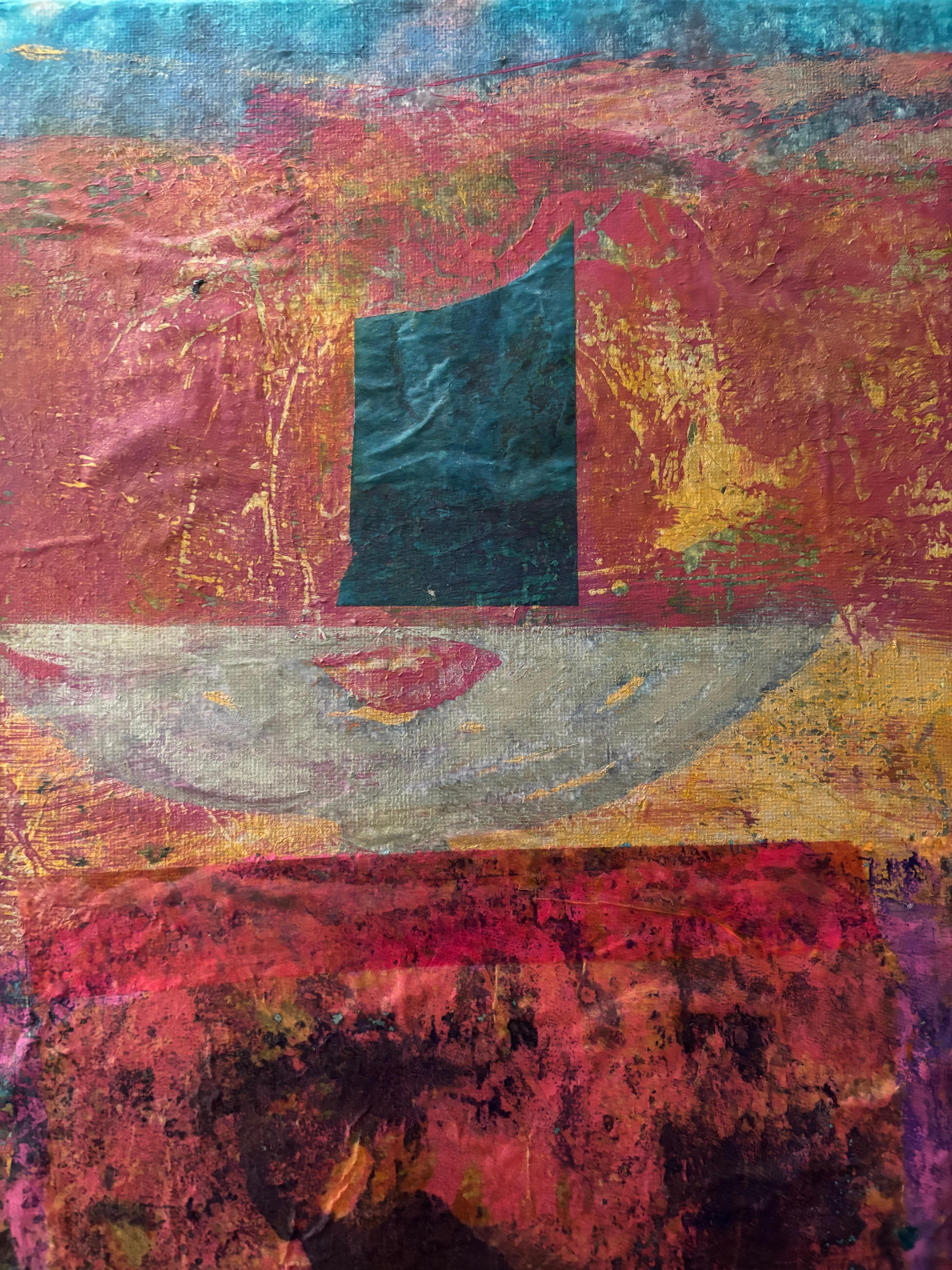 Tyme of Revolution Cold wax, monoprints, transfer on canvas - Brown Abstract Painting by Majio