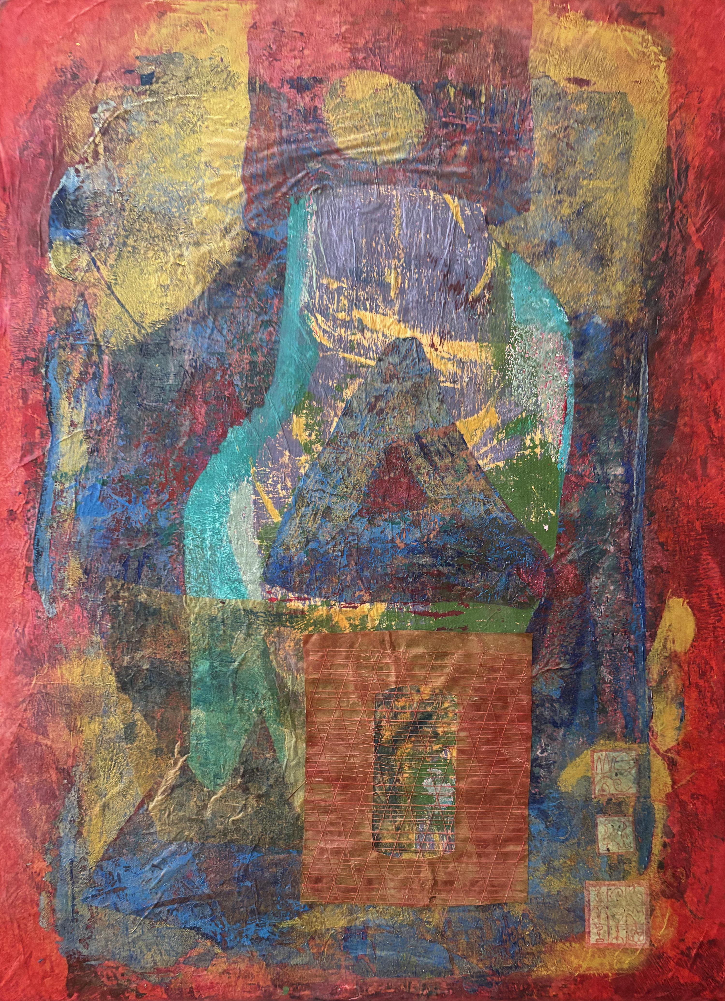 Abstract Painting de Majio - Tyme Portal I Cold wax, monoprints, oil stick on canvas