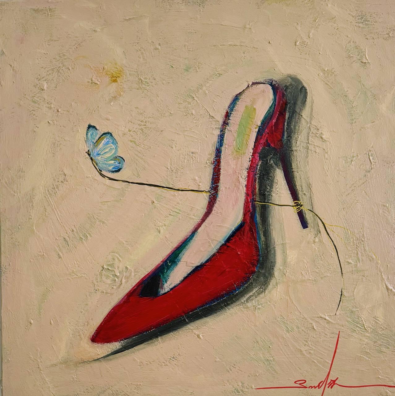 Majnun Figurative Painting - Cinderella in VALENTINO  , 50x50 cm, acrylic on canvas