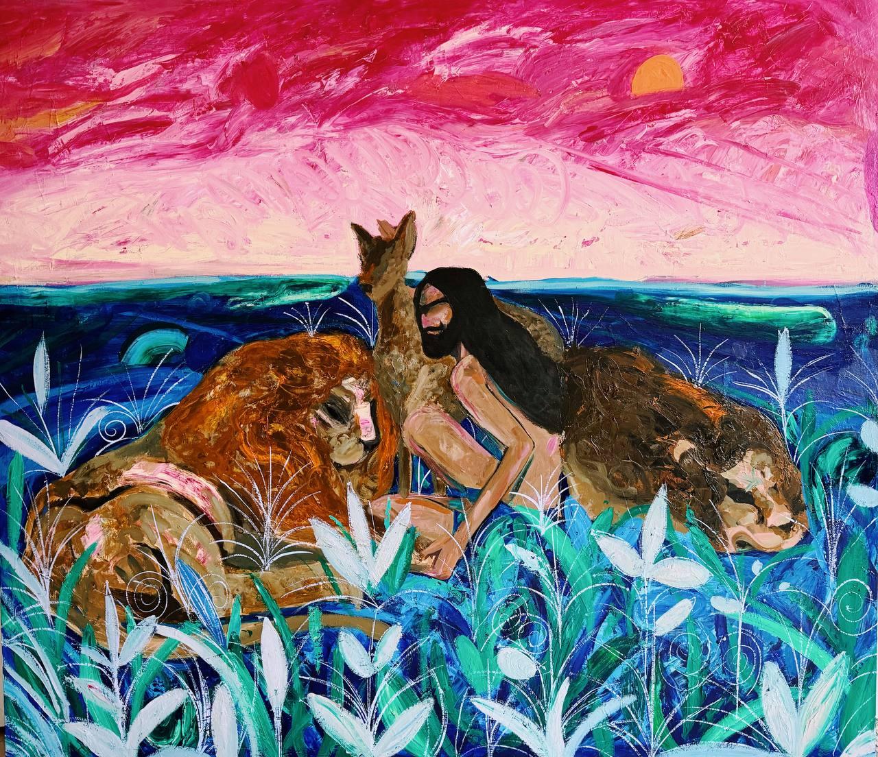 Majnun Figurative Painting - Flock, 130x150 cm, acrylic on canvas