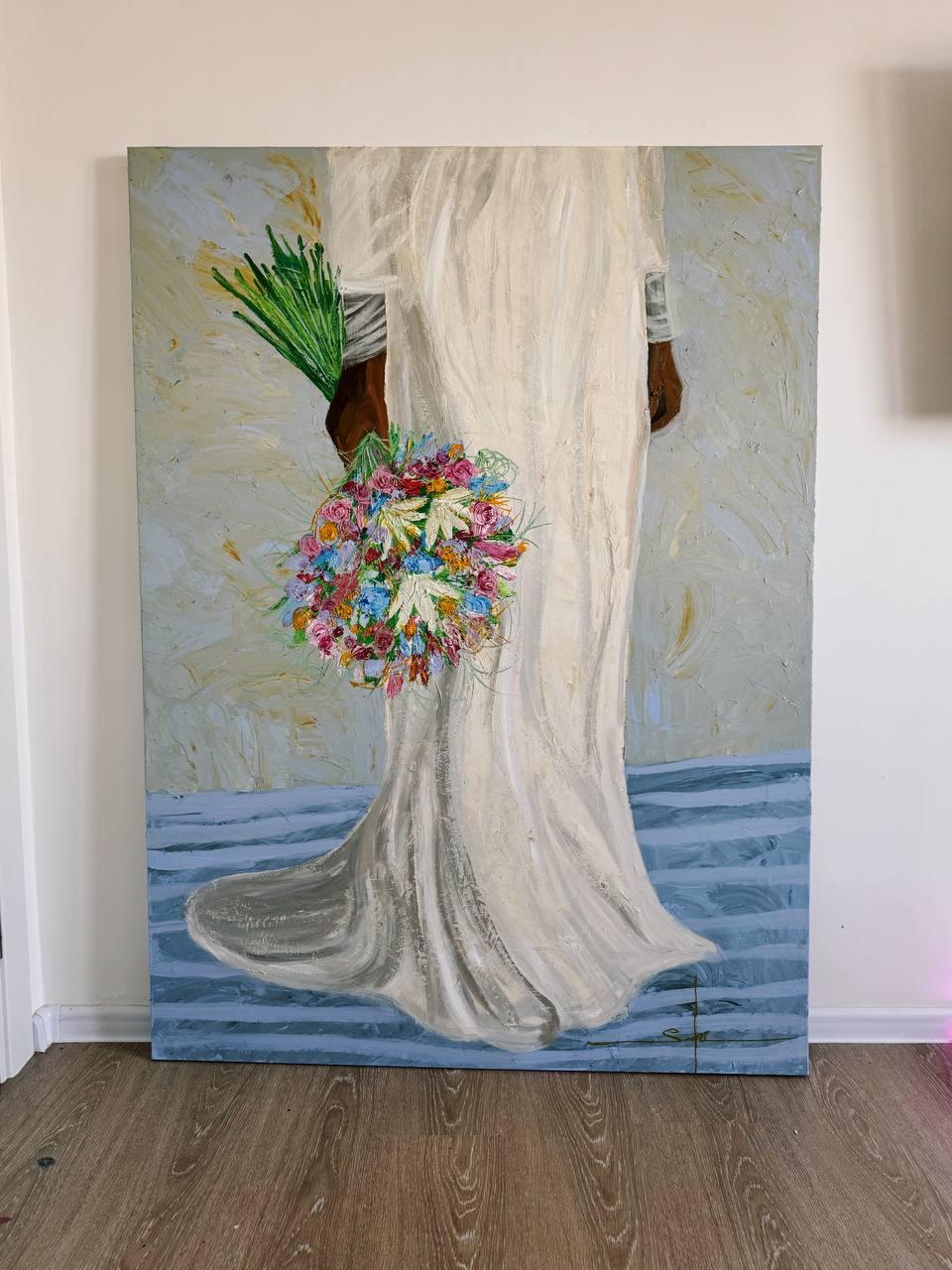 Flowers for your beloved, 150x110 cm, acrylic on canvas - Gray Figurative Painting by Majnun