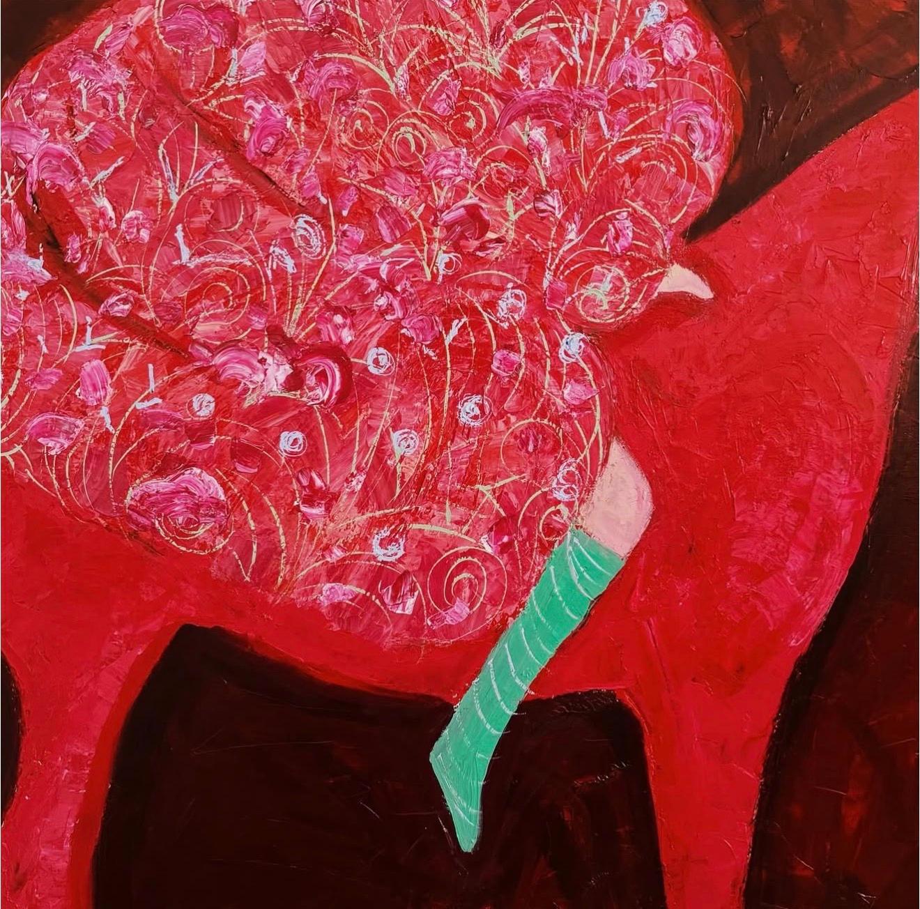 Reiterin in Rot, 150x150 cm, Acryl auf Leinwand (Schwarz), Figurative Painting, von Majnun