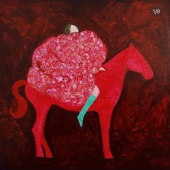 Horsewoman in red, 150x150 cm, acrylic on canvas