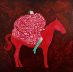 Femme de cheval en rouge, 150x150 cm, acrylique sur toile
