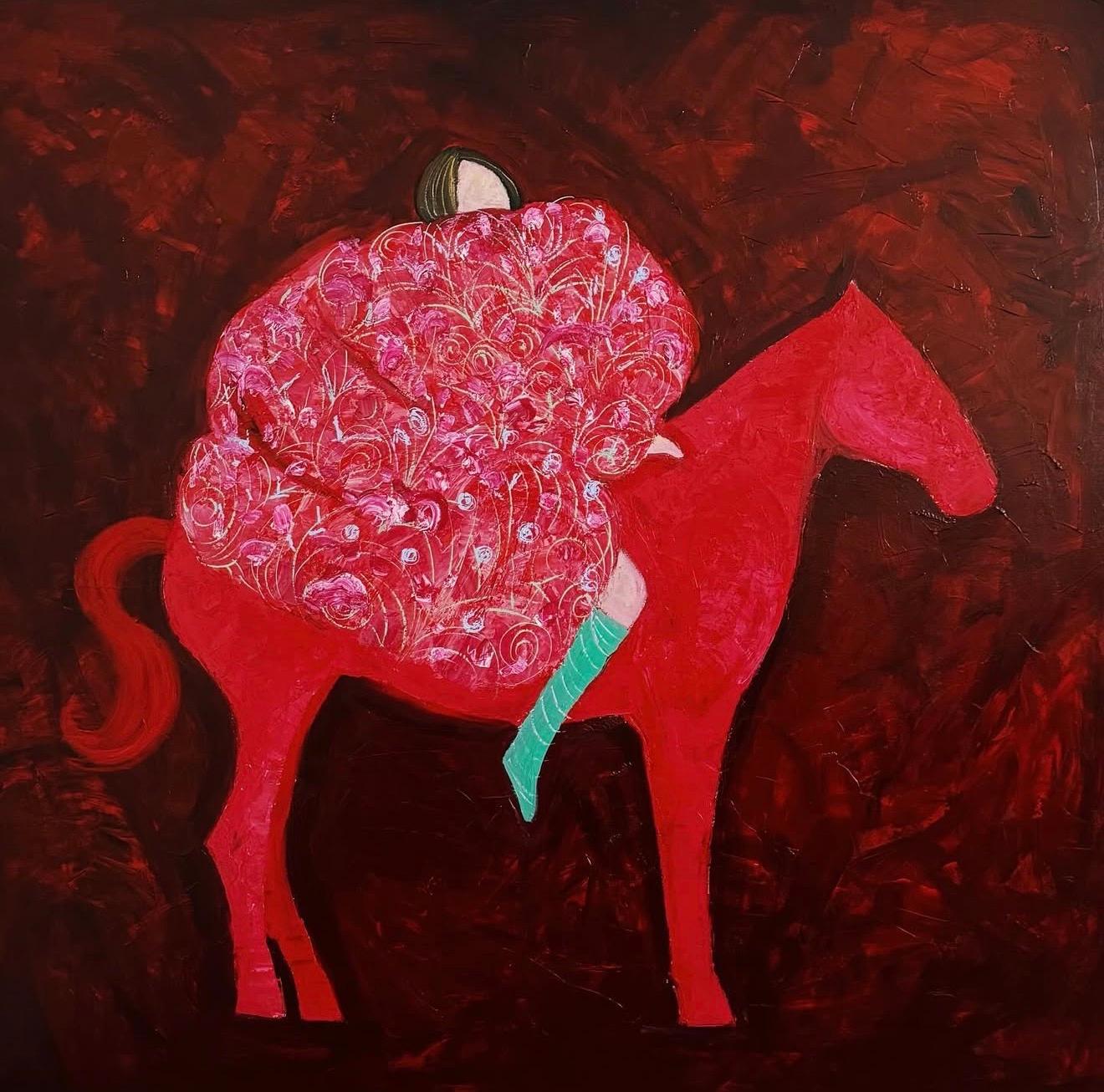 Majnun Figurative Painting - Horsewoman in red, 150x150 cm, acrylic on canvas