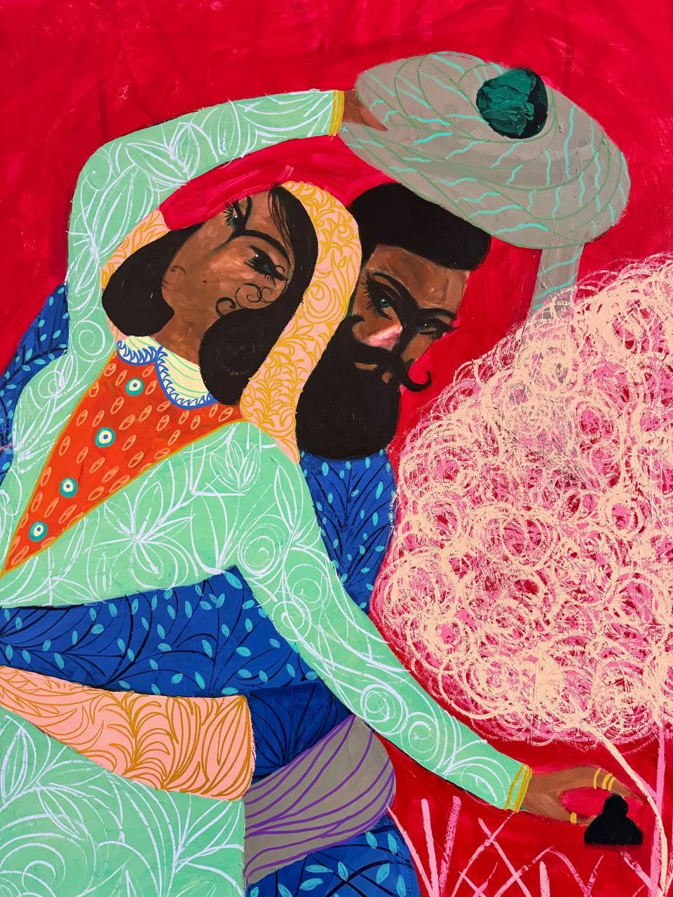 Khosrow and Shirin, 150 x 110 cm, acrylique sur toile - Painting de Majnun