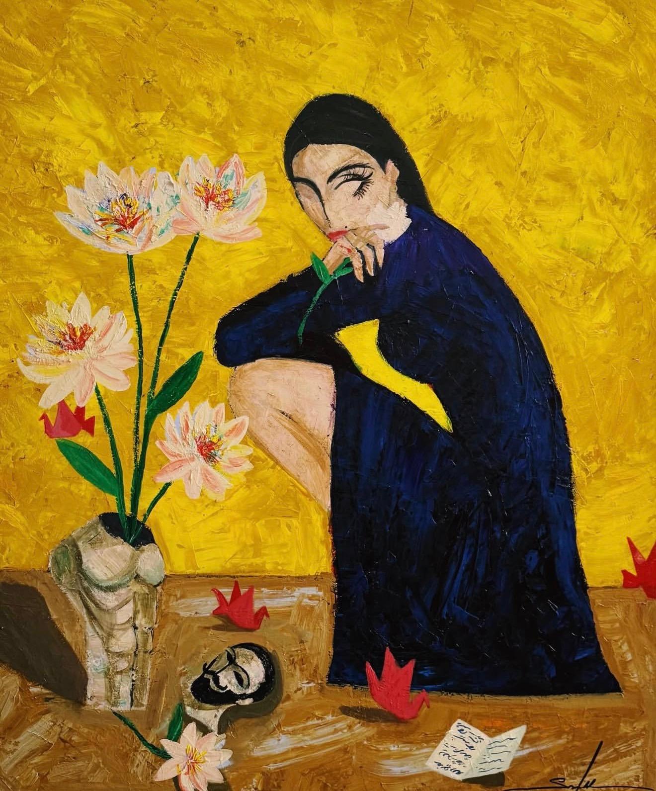 Majnun Figurative Painting - Letter, 120x100cm, acrylic on canvas