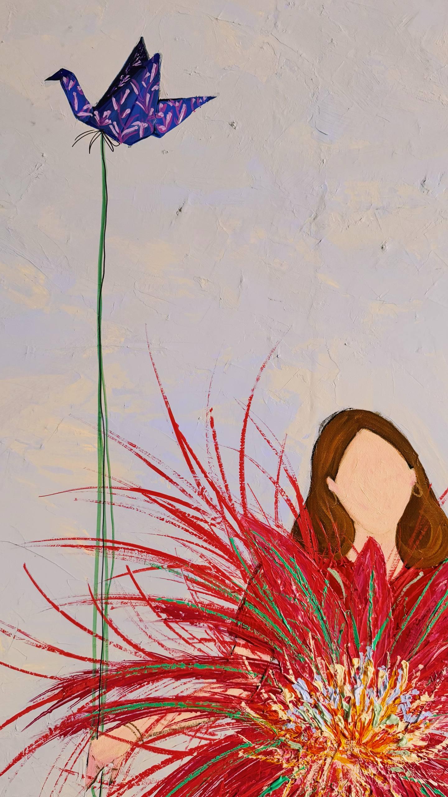 She still believes in love, 140x90 cm, acrylic on canvas - Gris Figurative Painting par Majnun