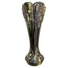 Majolica 12" Tall Floral & Foliate Applied Decoration Green Brown Yellow Vase