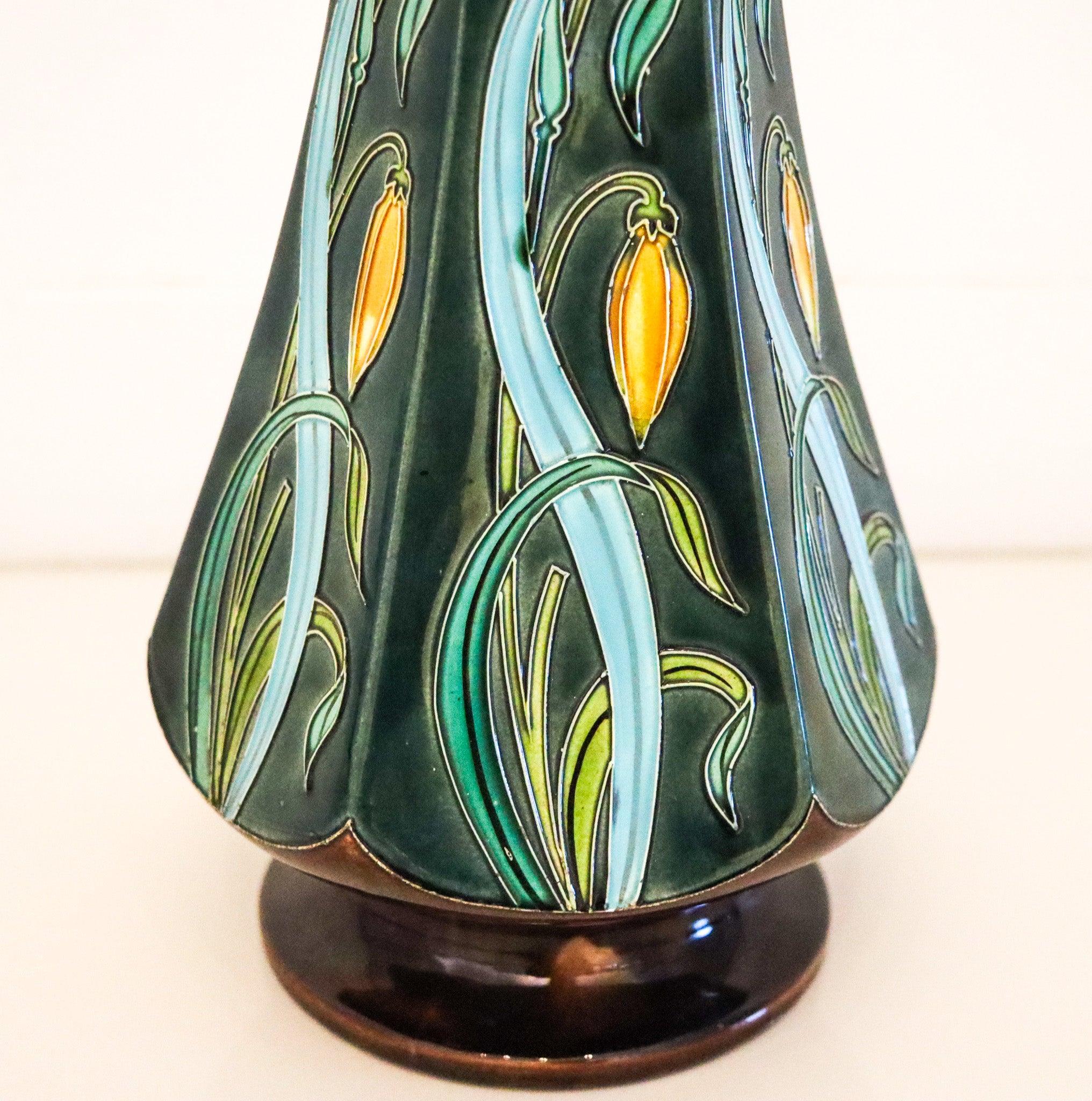 Glazed MAJOLICA 1890 French Art Nouveau Polychromate Tall Hexagonal Vase For Sale