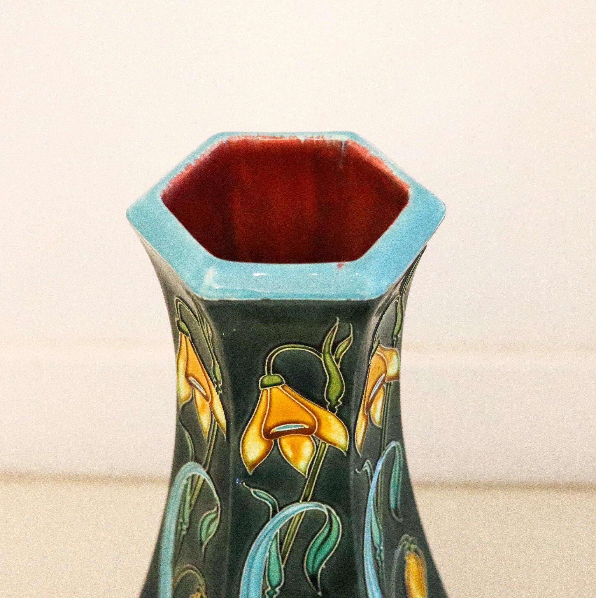 MAJOLICA 1890 French Art Nouveau Polychromate Tall Hexagonal Vase In Excellent Condition For Sale In Miami, FL