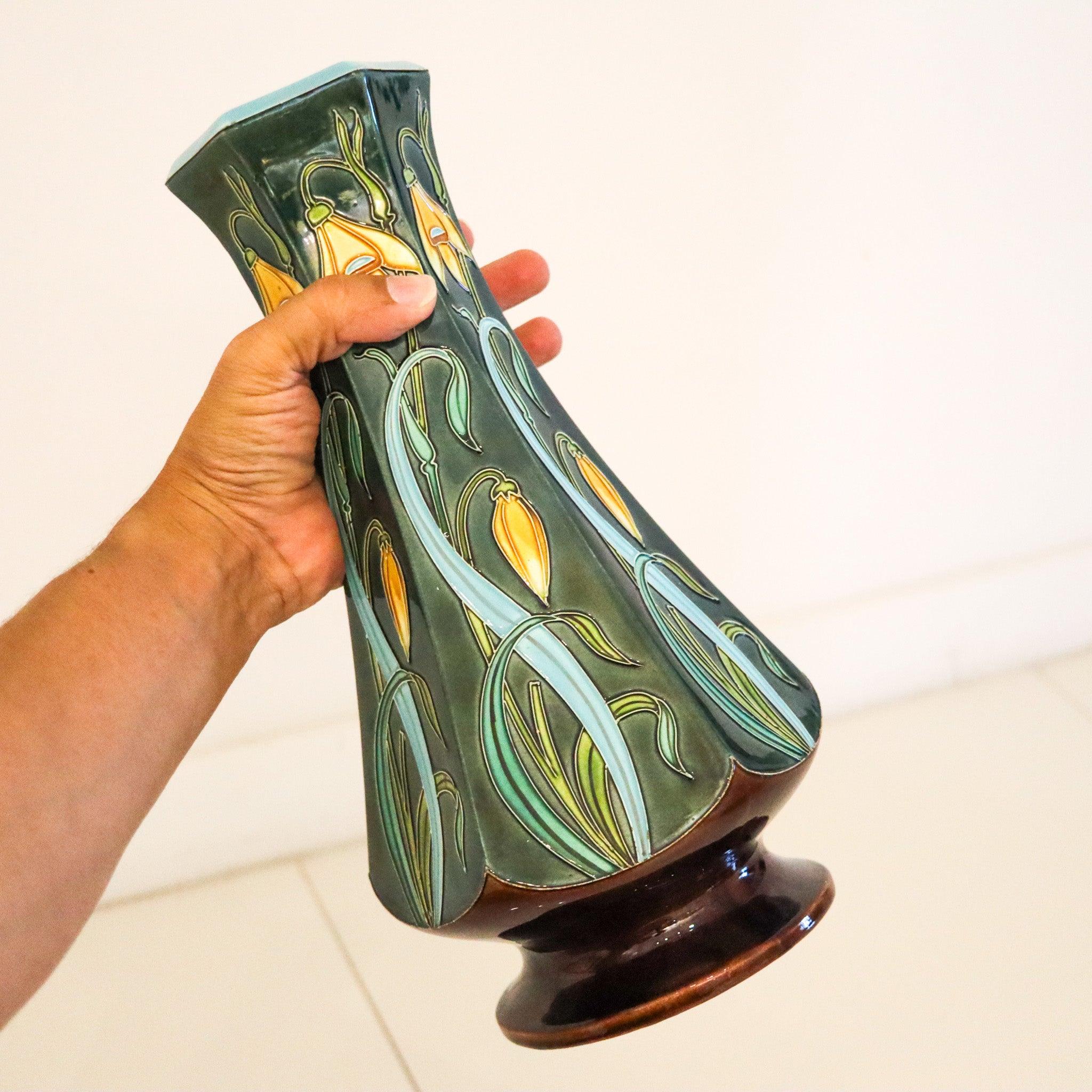 Majolica MAJOLICA 1890 French Art Nouveau Polychromate Tall Hexagonal Vase For Sale