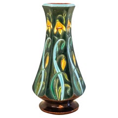 MAJOLICA 1890 French Art Nouveau Polychromate Tall Hexagonal Vase