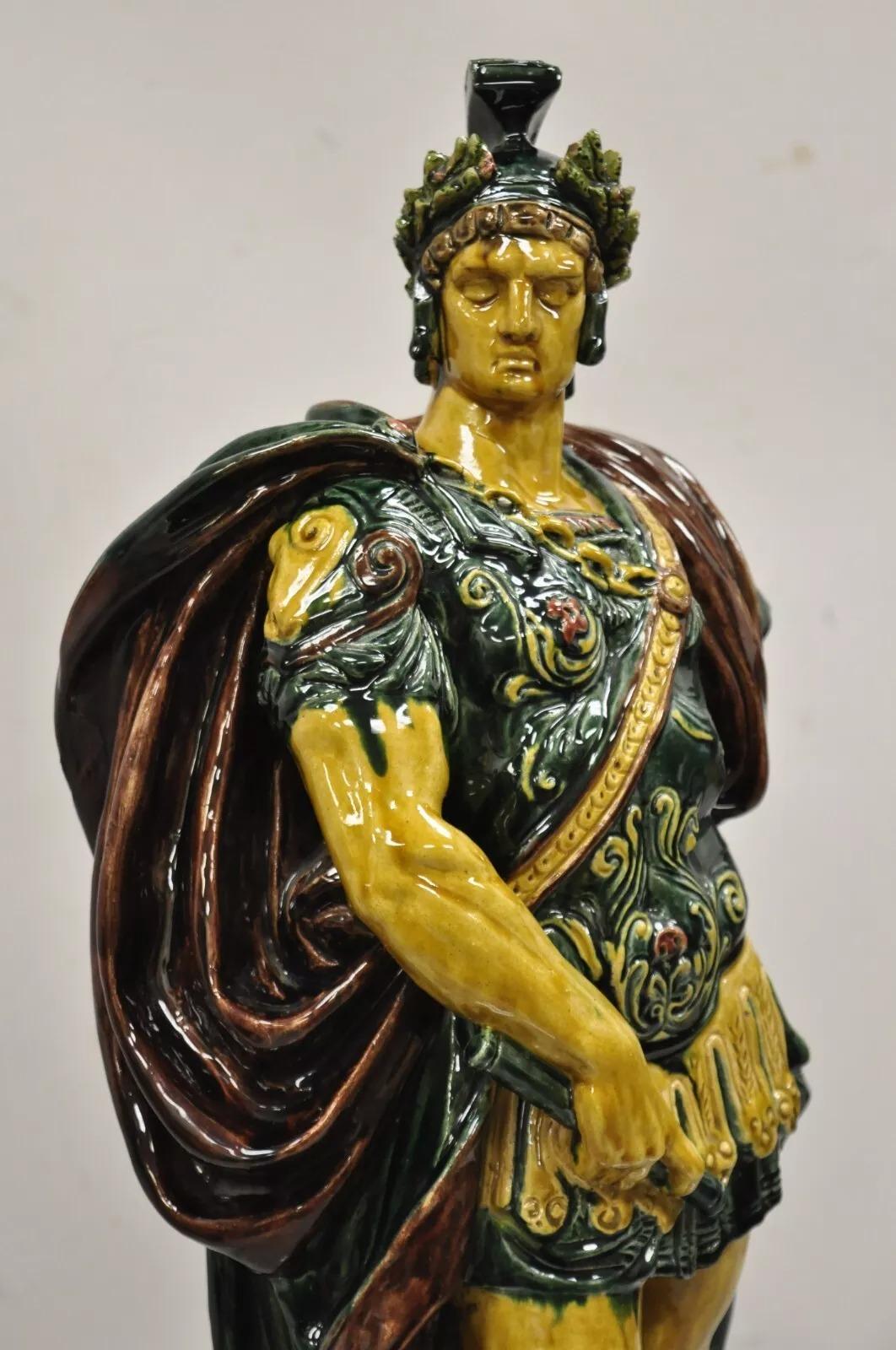 Majolica Alexander the Great Greek Warrior Soldier Glazed Pottery Sculpture In Good Condition For Sale In Philadelphia, PA